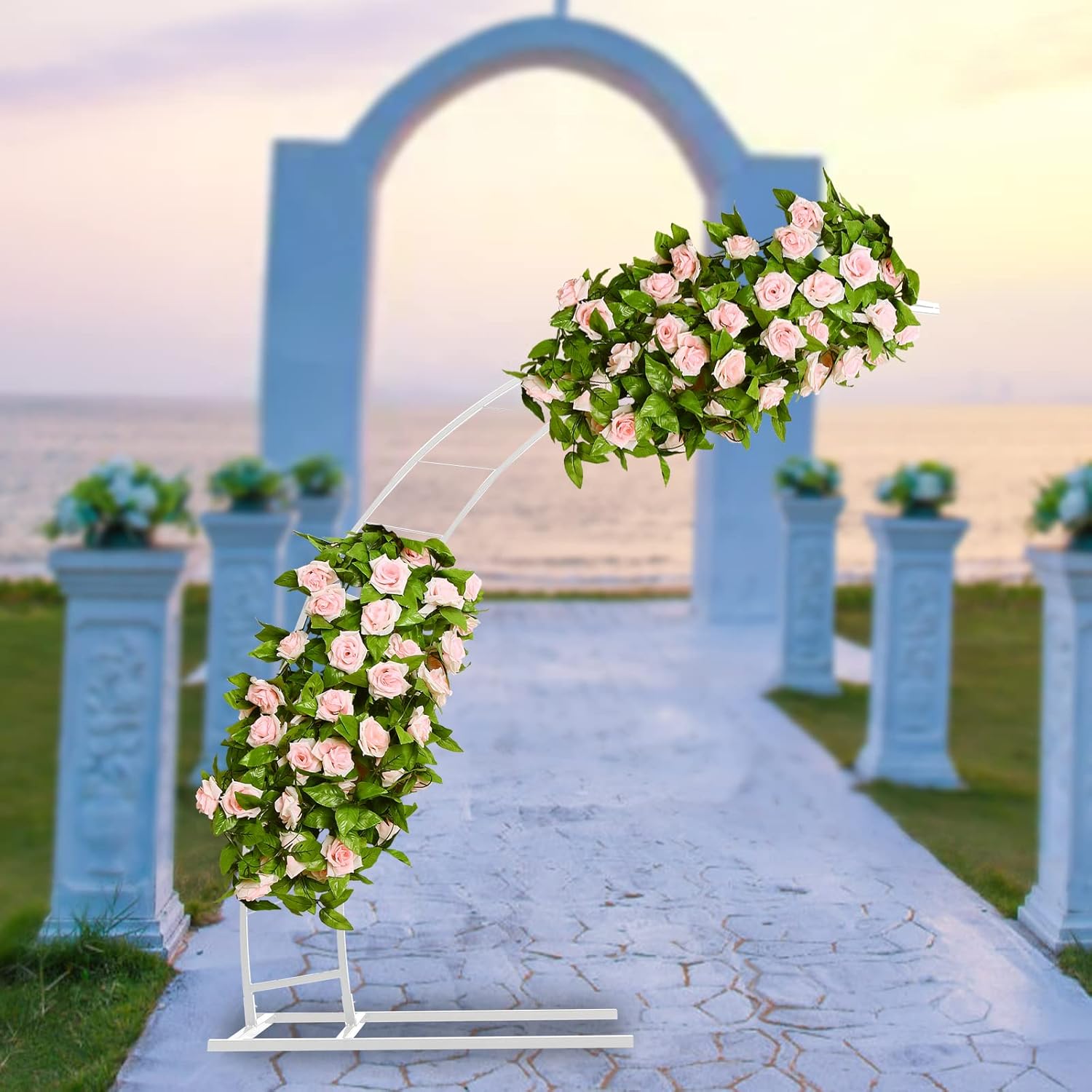 Soporte de arco de boda de metal dorado y blanco de 6.5 pies, marco de globos de flores curvas, enrejado de arco de jardín para interiores y