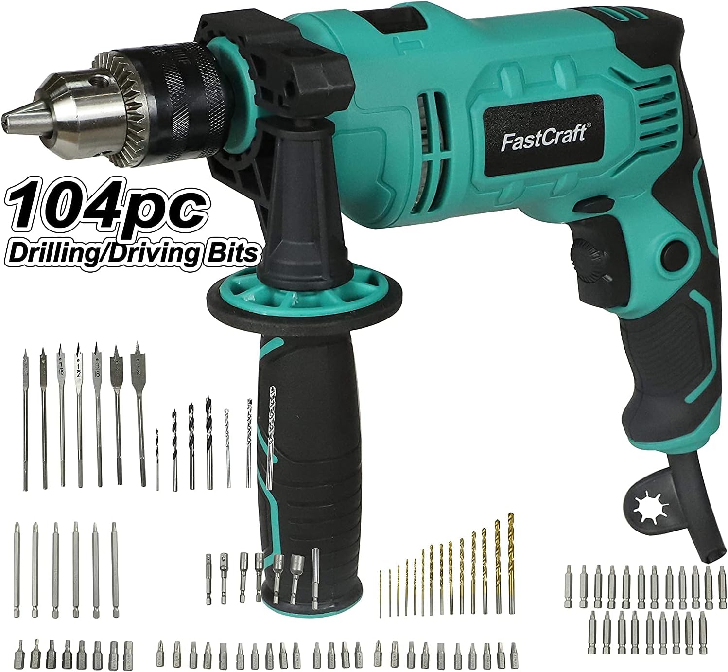 Taladro de impacto  Taladro de martillo 9A potencia máxima (clasificado 5 A), mandril de 12 0-2800 rpm, interruptor doble, mango giratorio de 360 +