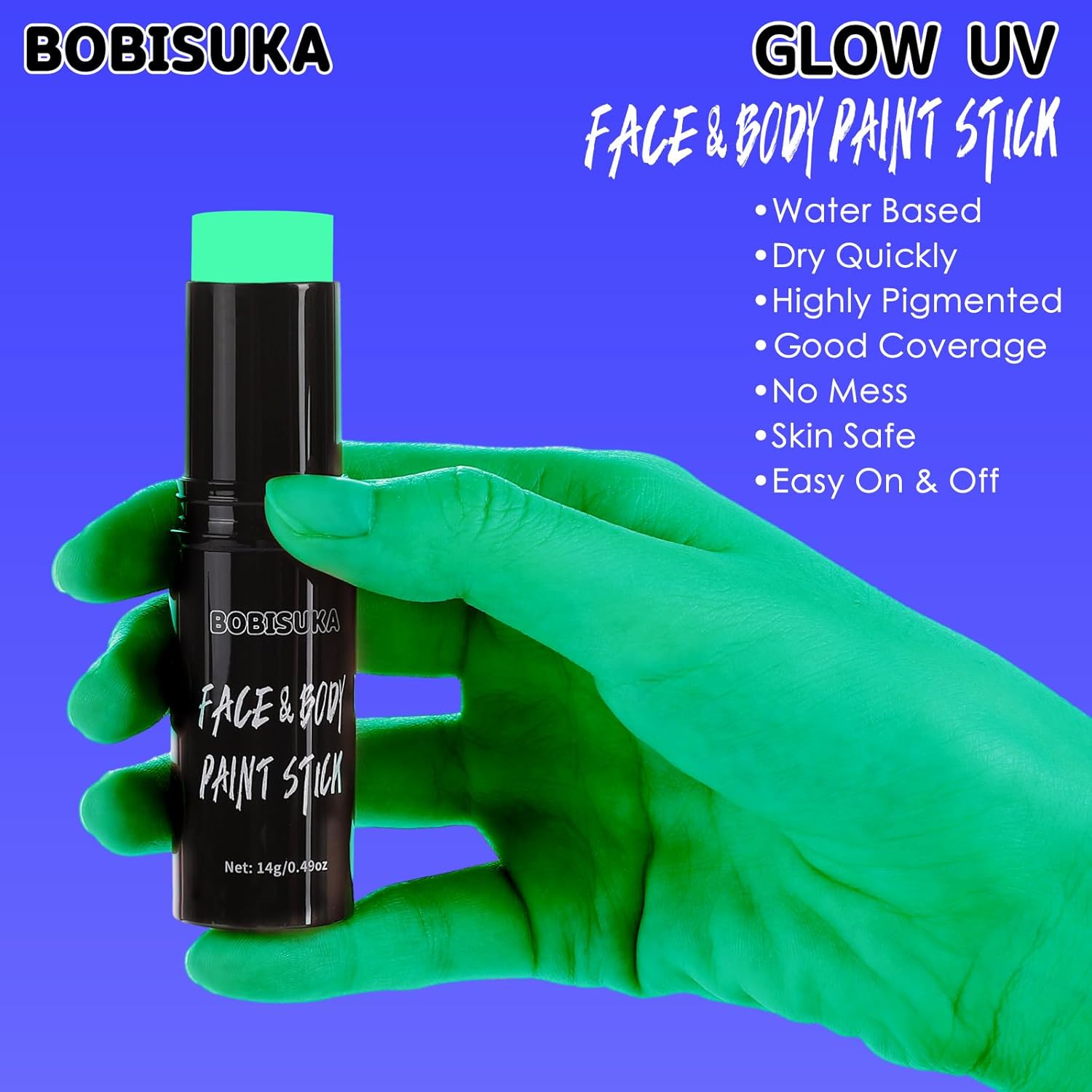 BOBISUKA Pintura facial verde neón en barra a base de agua que brilla en la luz UV, kit de pintura facial para ojos, palos negros para deportes,