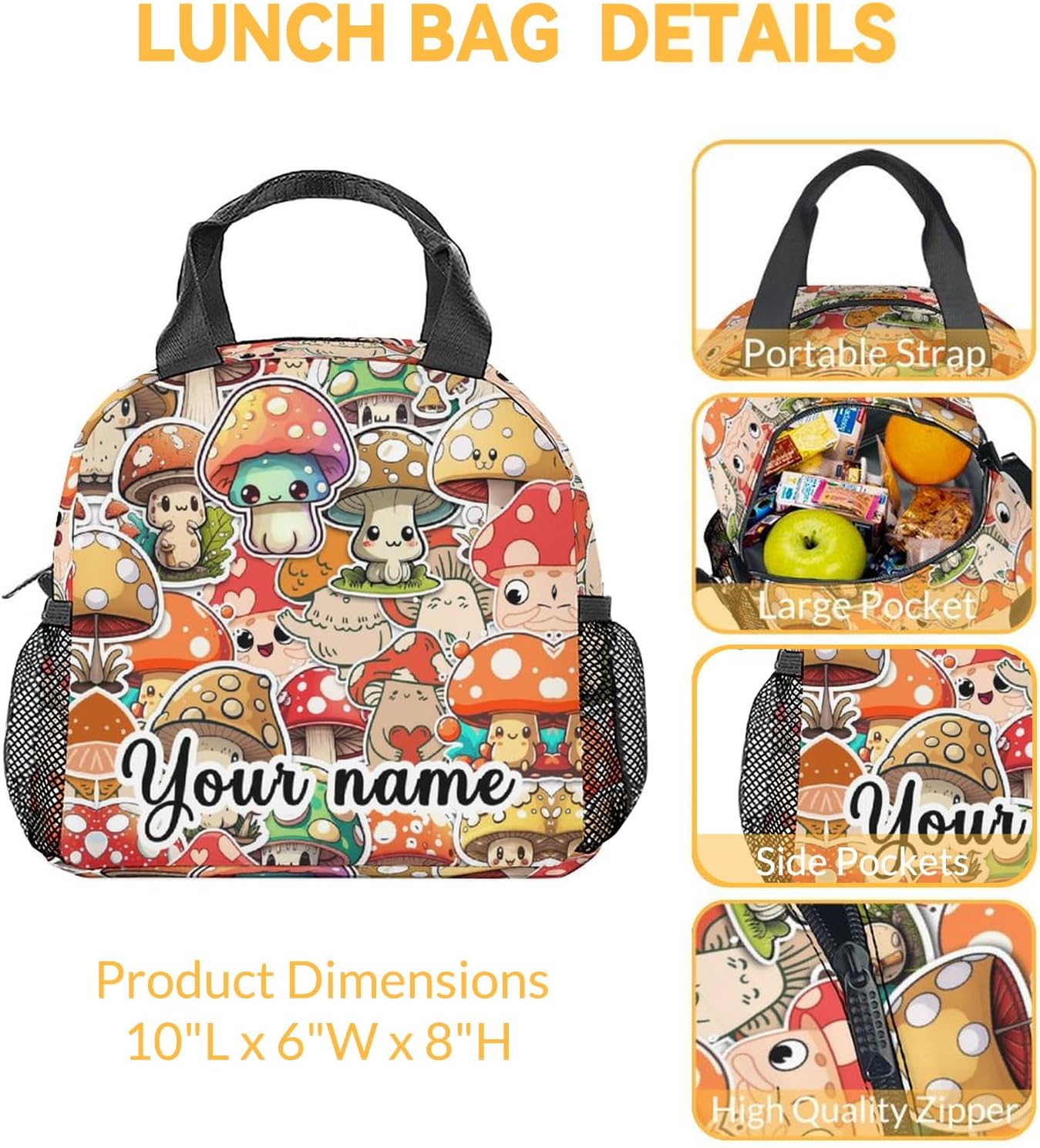 COOPASIA Lonchera personalizada de hongos para niños, lonchera aislada para niñas y niños, coloridas bolsas de almuerzo reutilizables, pequeña con