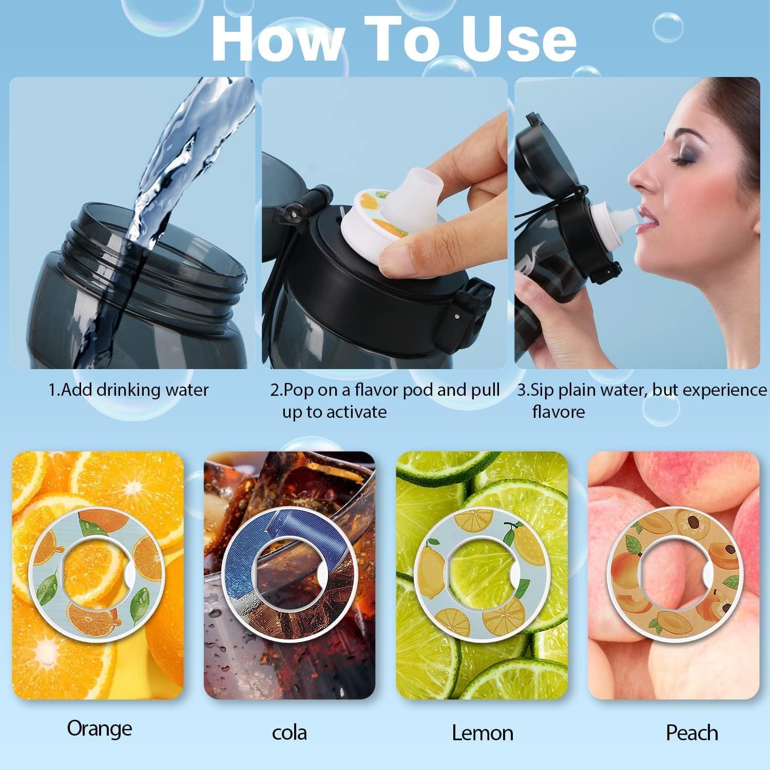 Botella de agua de aire, con 7 cápsulas de sabor, sin BPA, 0 azúcar, 0 calorías, 22.0 fl oz, botella de agua perfumada, botella de agua deportiva,