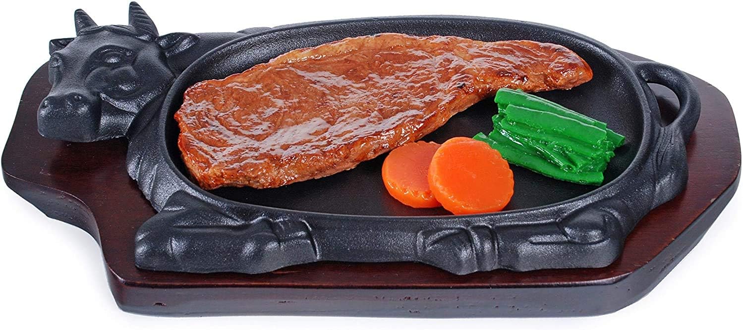 Happy Sales HSGRD-COW12 – Plancha grande de hierro fundido para carne con base de madera, sartén para carne, placa de servidor de fajita, uso