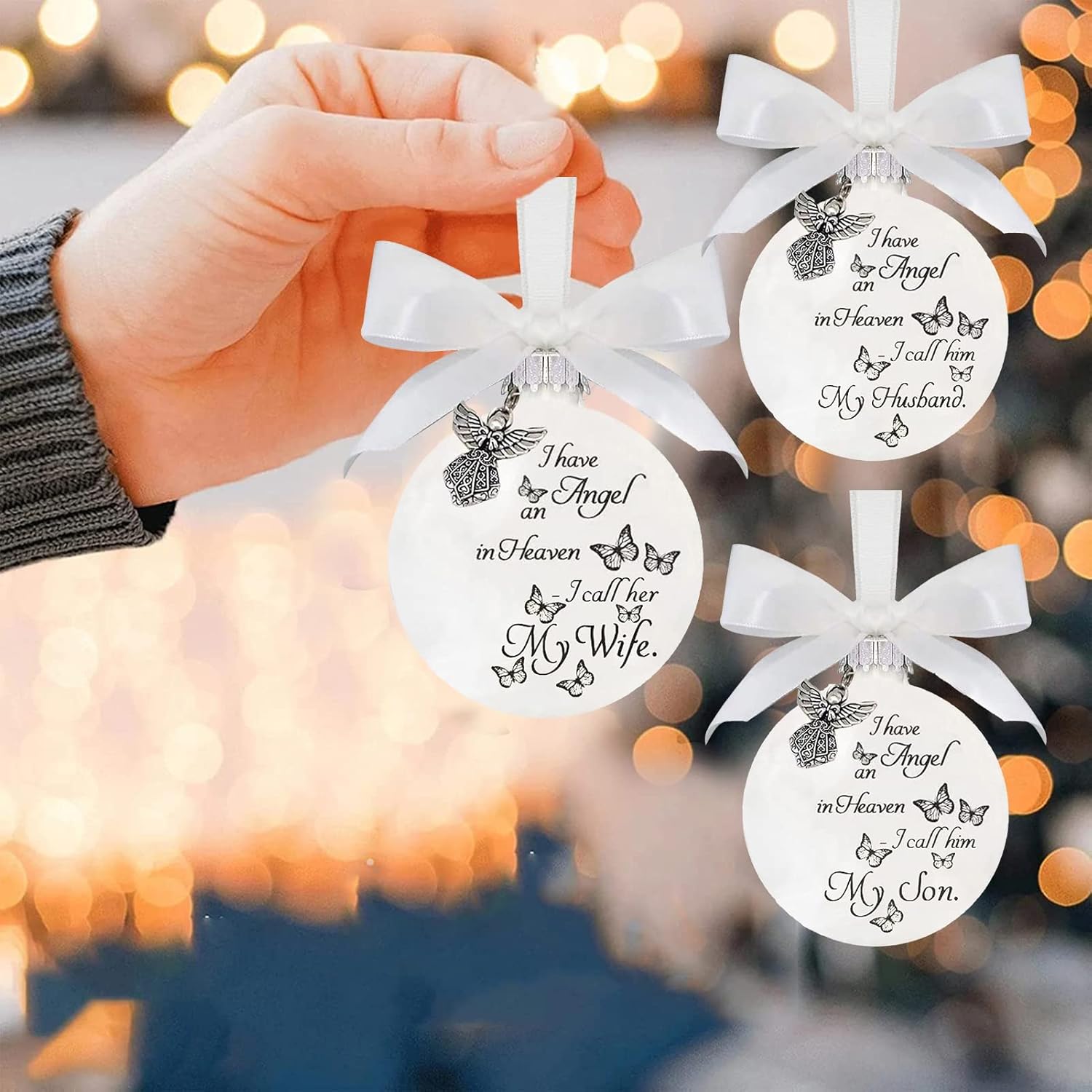 Adornos conmemorativos de Navidad, bola de plumas “Tengo un ángel en el cielo” con colgante de ángel pequeño, adorno de bola de Navidad, para mamá,
