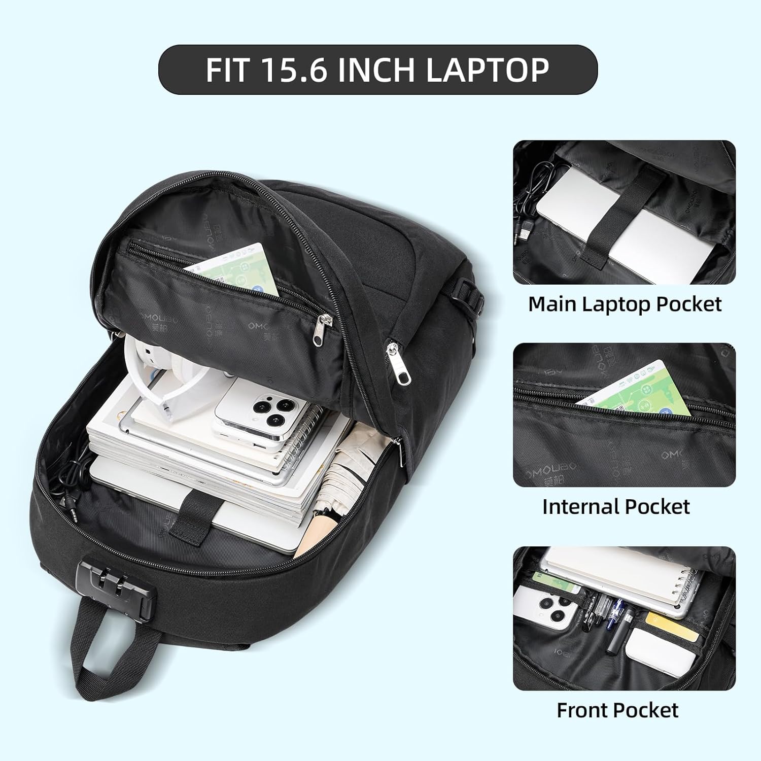 OMOUBOI Mochila para laptop, mochila de viaje de negocios, B+negro