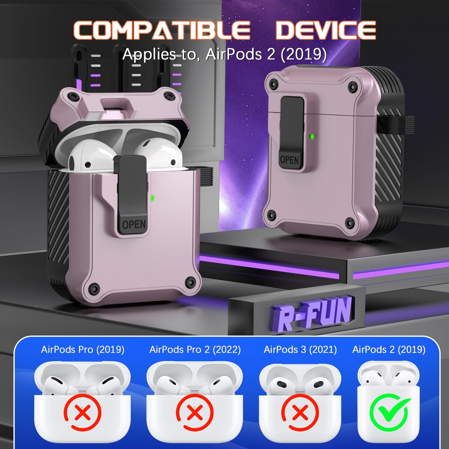 R-fun AirPods de 2 generación y 1 generación con clip de bloqueo seguro automático, carcasa rígida protectora de cuerpo completo para mujeres y