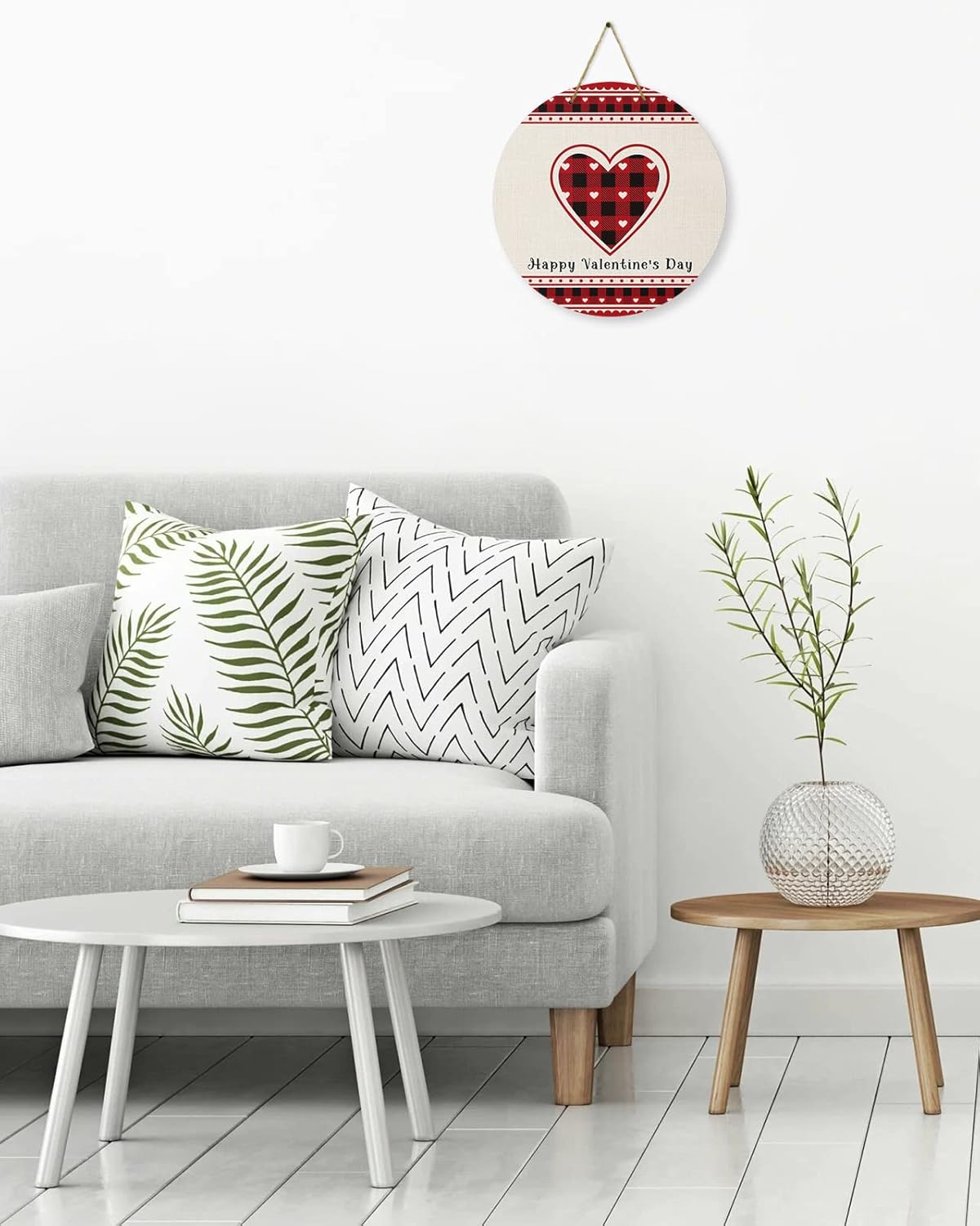 Welcome Sign for Front Door Decoration, Happy Valentine’s Day Red Black Buffalo Plaid 10 Inch Wreaths Hanging Sign Plaque Holiday Decor for Porch