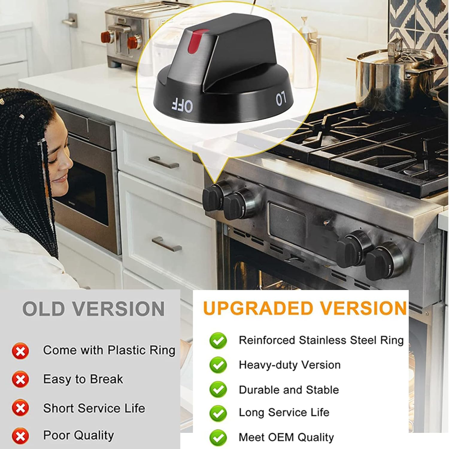 Actualizado DG64-00473B Perilla de estufa de acero inoxidable reforzado negro para horno Samsung Range Oven Gas Stove Knob NX58J5600SG, NX58J7750SG,