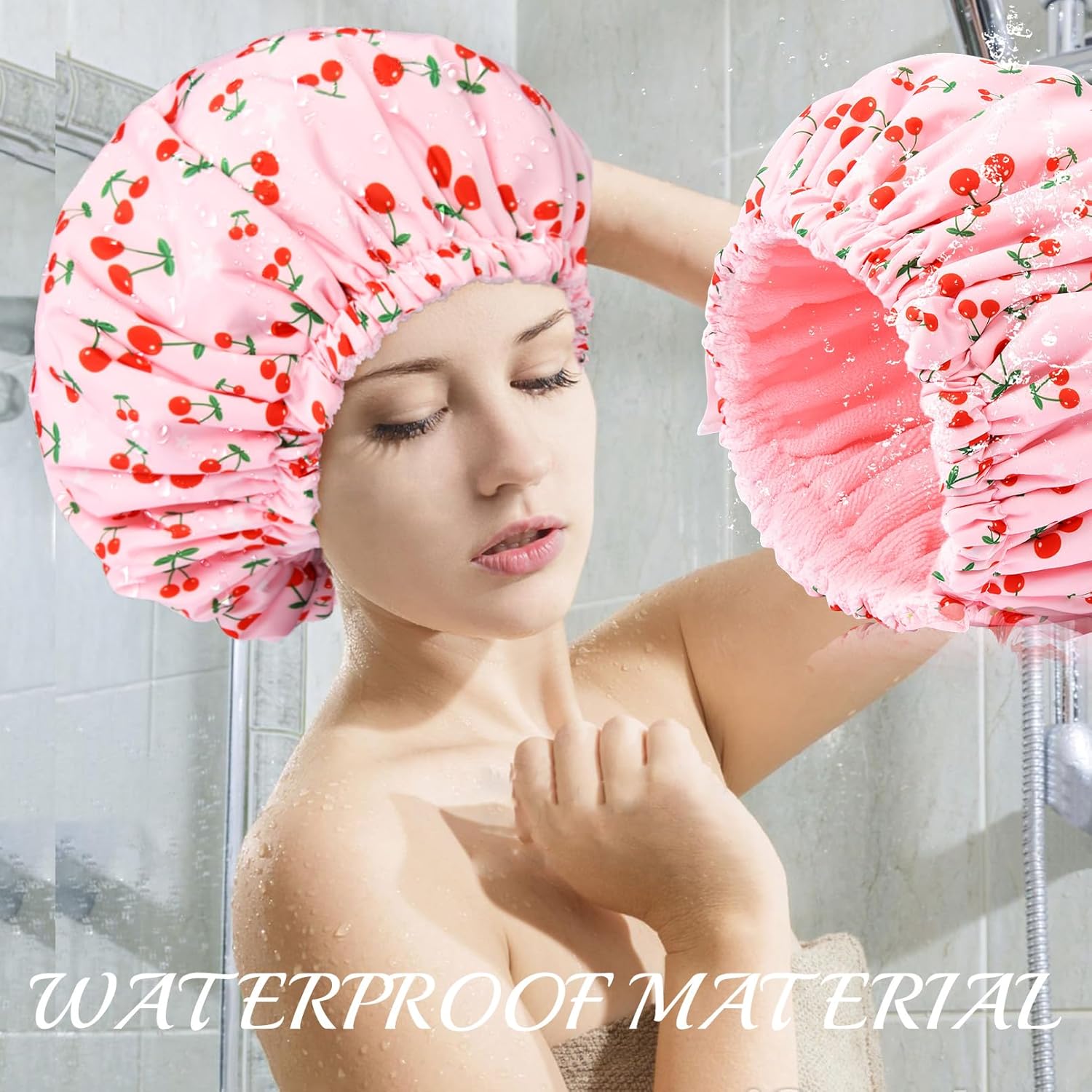 Gorro de ducha para mujer, con forro de rizo, grande, reutilizable, impermeable, banda elástica, color rosa, para cabello largo y grueso, suave
