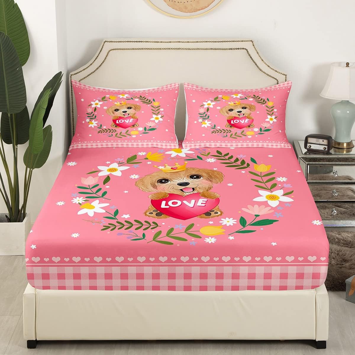 Erosebridal Juego de sábanas de tamaño individual para niños y perros, juego de sábanas con estampado de amor de dibujos animados, diseño de