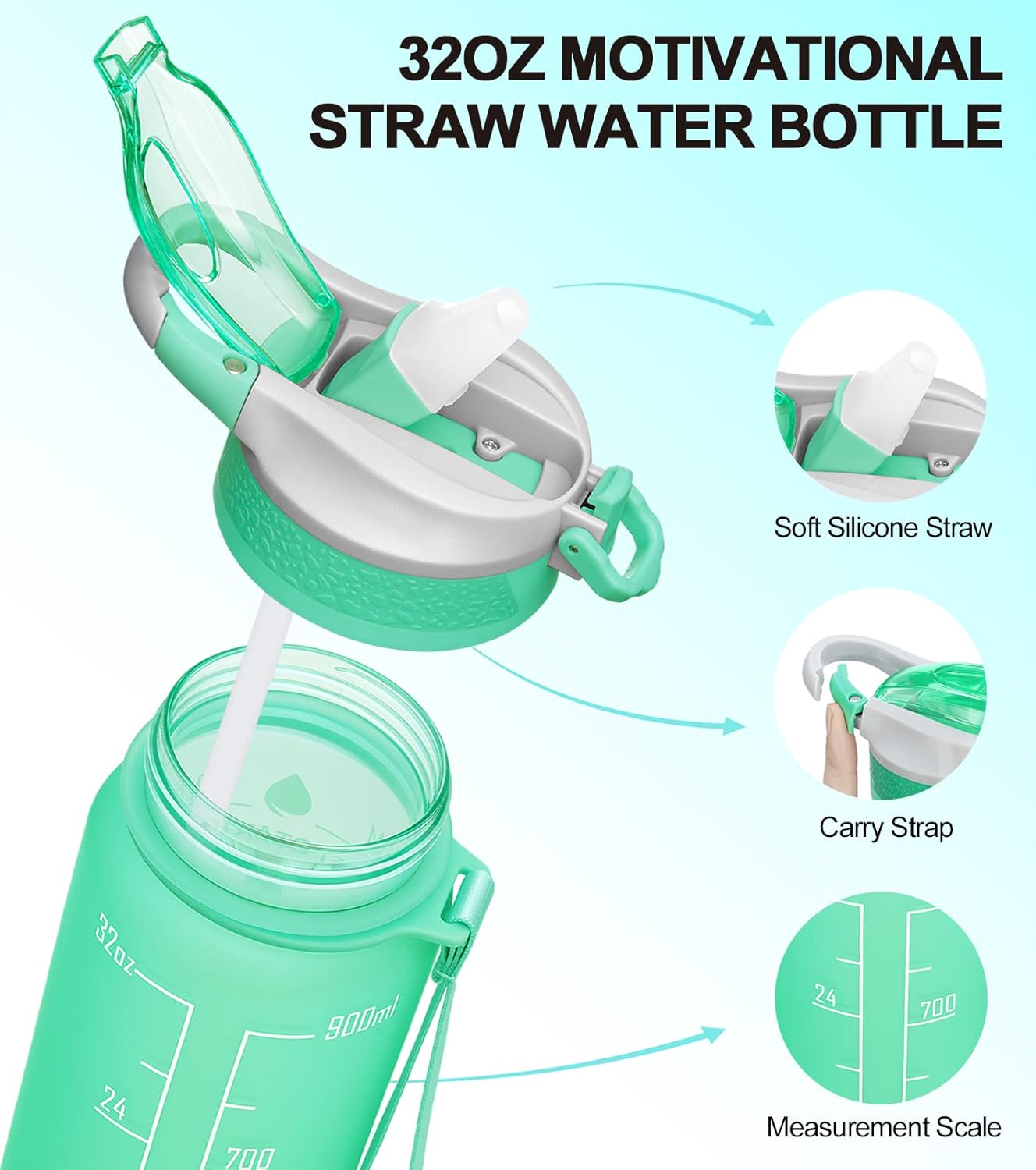 ELYPHINE – Botellas de agua de 3224onzas con pajilla extraíble y marcador de tiempo, botellas deportivas motivacionales con material Tritan sin