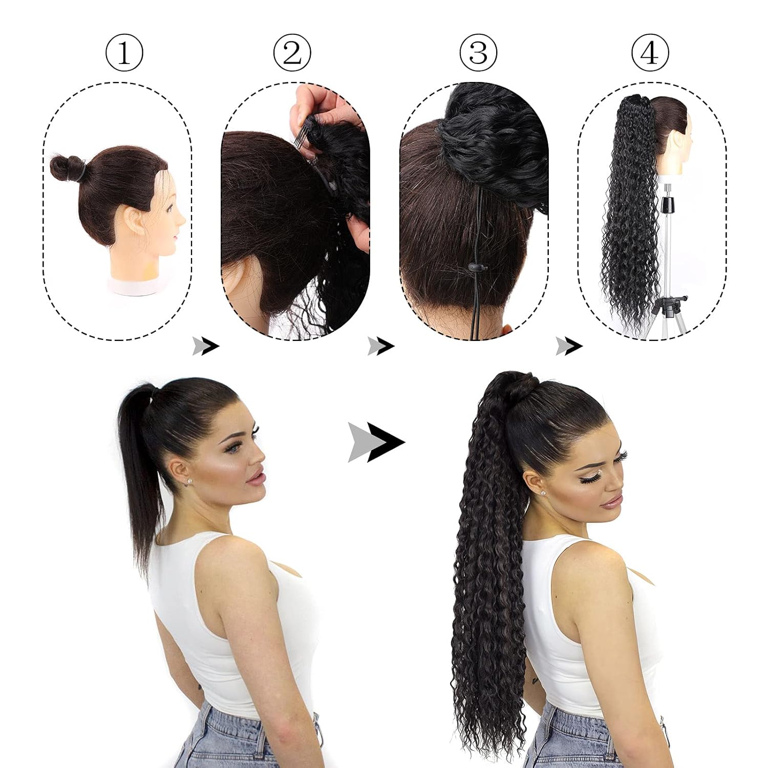 Extensiones de cola de caballo rizadas de 24 pulgadas, cabello sintético de onda profunda con cordón para mujeres negras, sensación de cabello