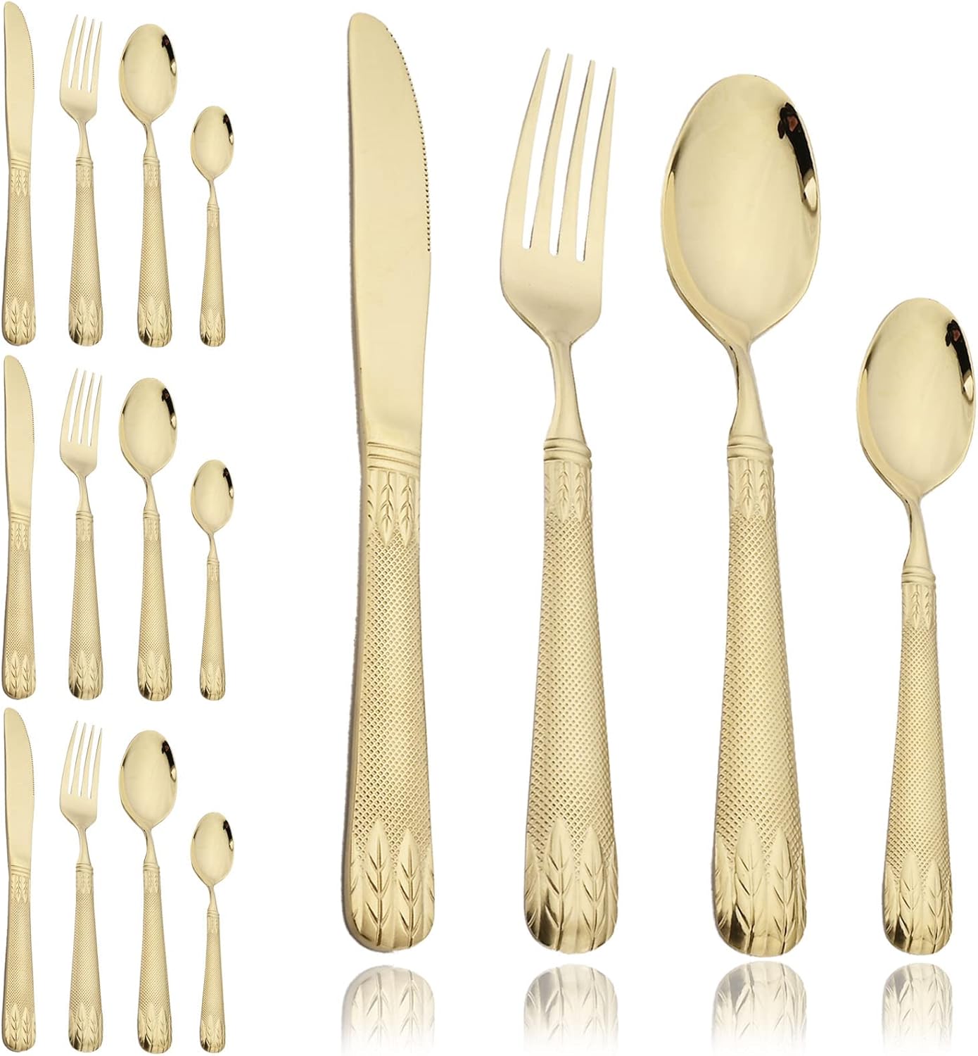 JASHII Champagne Gold – Juego de cubiertos de acero inoxidable 304 para 4, con orejas de trigo vintage en relieve, mango plano pulido espejo, apto