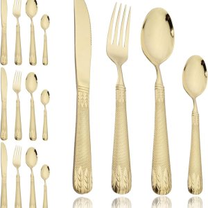 JASHII Champagne Gold – Juego de cubiertos de acero inoxidable 304 para 4, con orejas de trigo vintage en relieve, mango plano pulido espejo, apto JASHII Champagne Gold – Juego de cubiertos de acero inoxidable 304 para 4, con orejas de trigo vintage en relieve, mango plano pulido espejo, apto