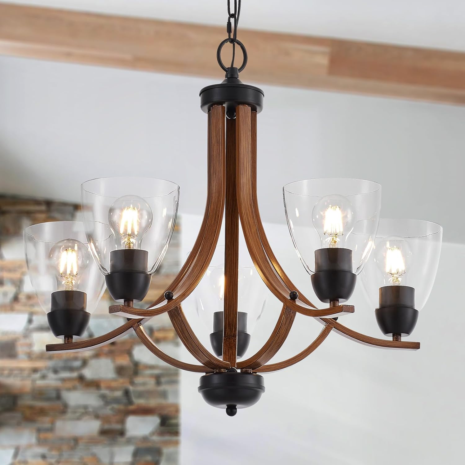 Lámpara de araña de madera con vidrio, estilo vintage, estilo granja, 5 luces, rústico, de 24.8 pulgadas, con acabado de madera, lámpara de cristal