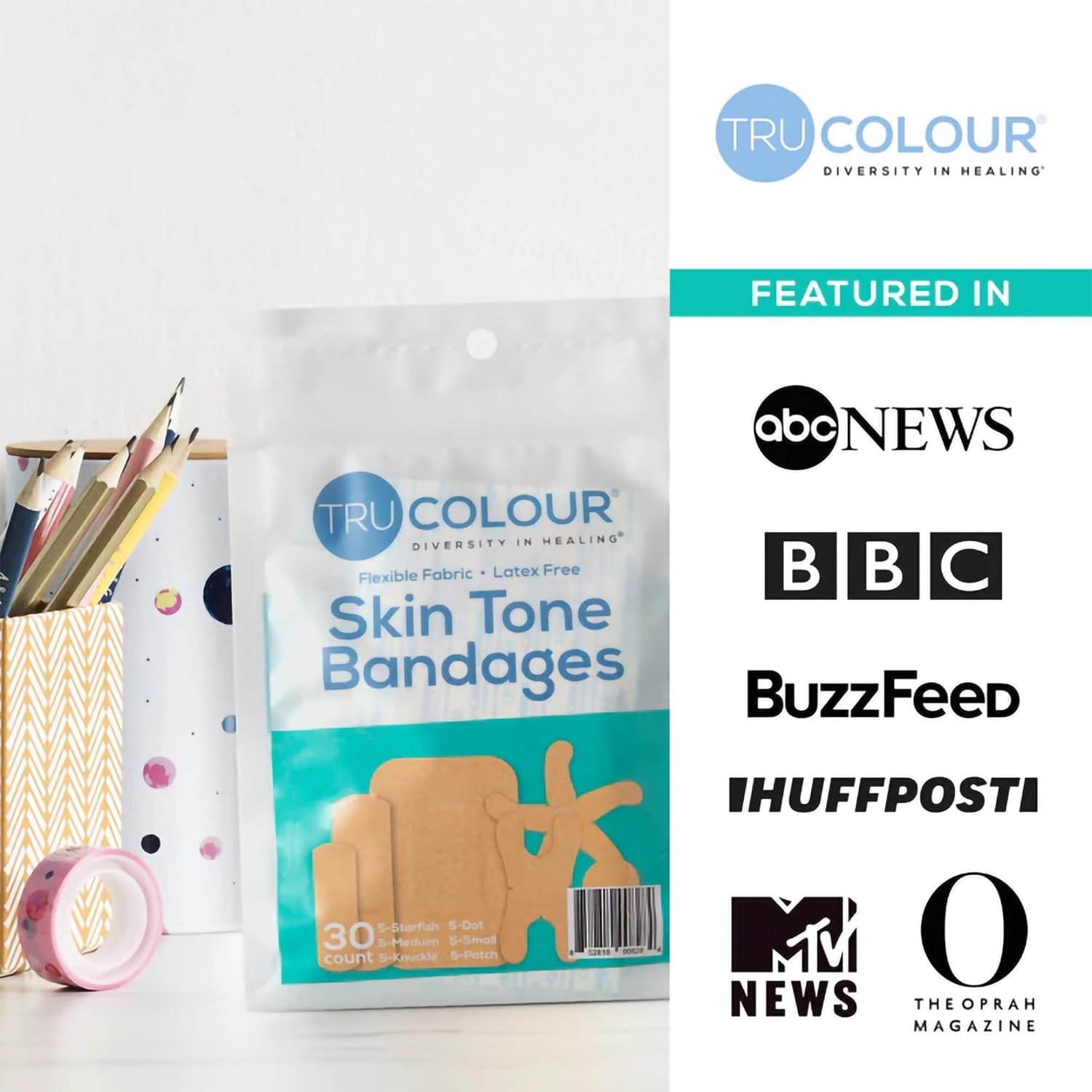 Tru Colour – Vendajes surtidos, vendajes adhesivos de tela flexible, tono de piel beige, bolsa aguamarina, 30 unidades