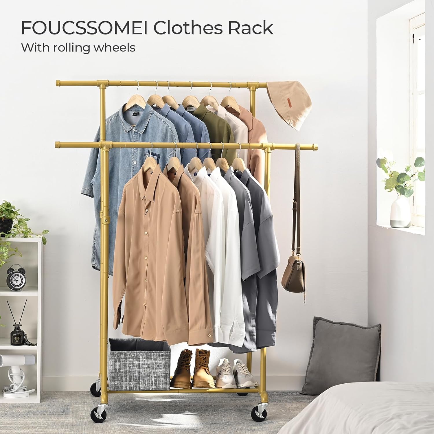 Perchero de ropa resistente, perchero con ruedas, organizador de ropa con ruedas, doble varilla, máximo 400 libras, para venta de armario,