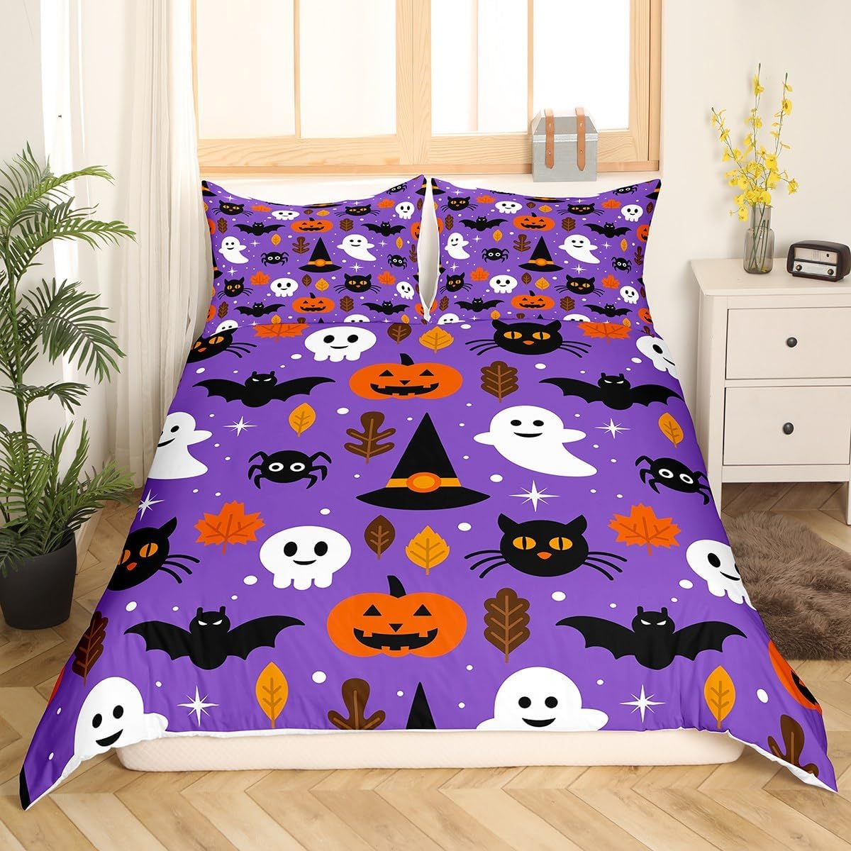 Funda de edredón de Halloween, murciélagos, decoración de Halloween, tela de araña fantasma, juego de ropa de cama gótica, funda de edredón de gato