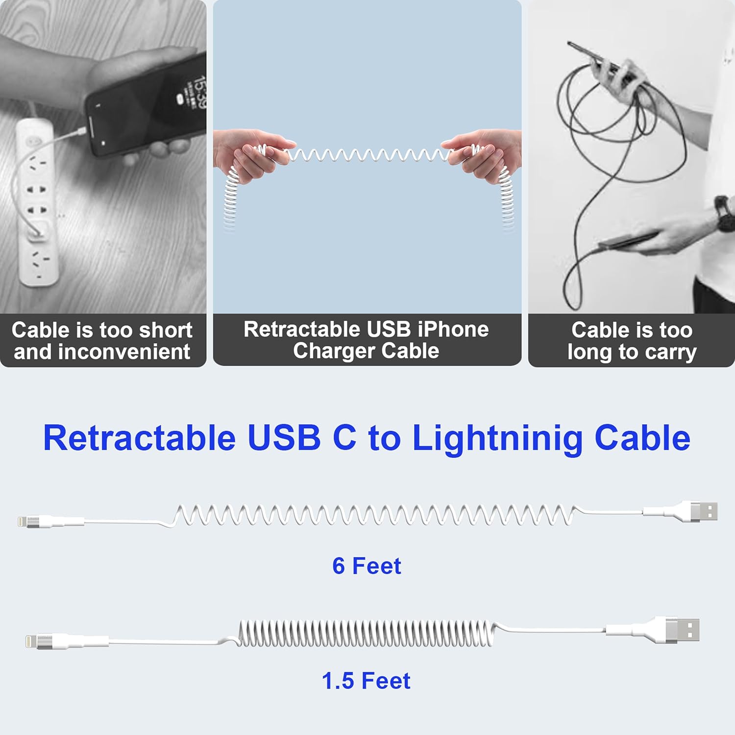 Cable USB a Lightning en espiral, cable de carga para iPhone de 5 pies para automóvil, certificado Apple MFi y sincronización de datos, para Apple