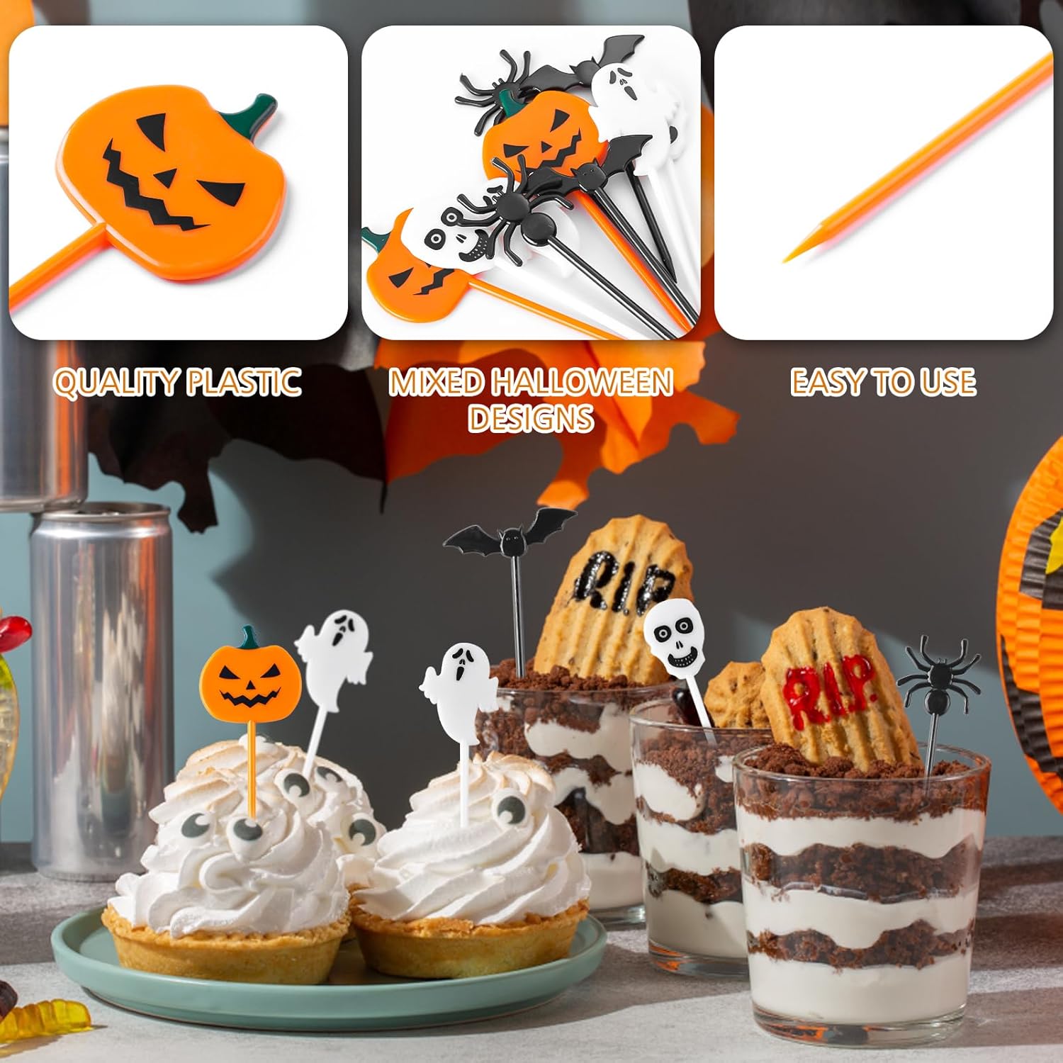 100 palillos de dientes de plástico para Halloween, decoración de cupcakes, decoración de tartas, para aperitivos de frutas, suministros de fiesta
