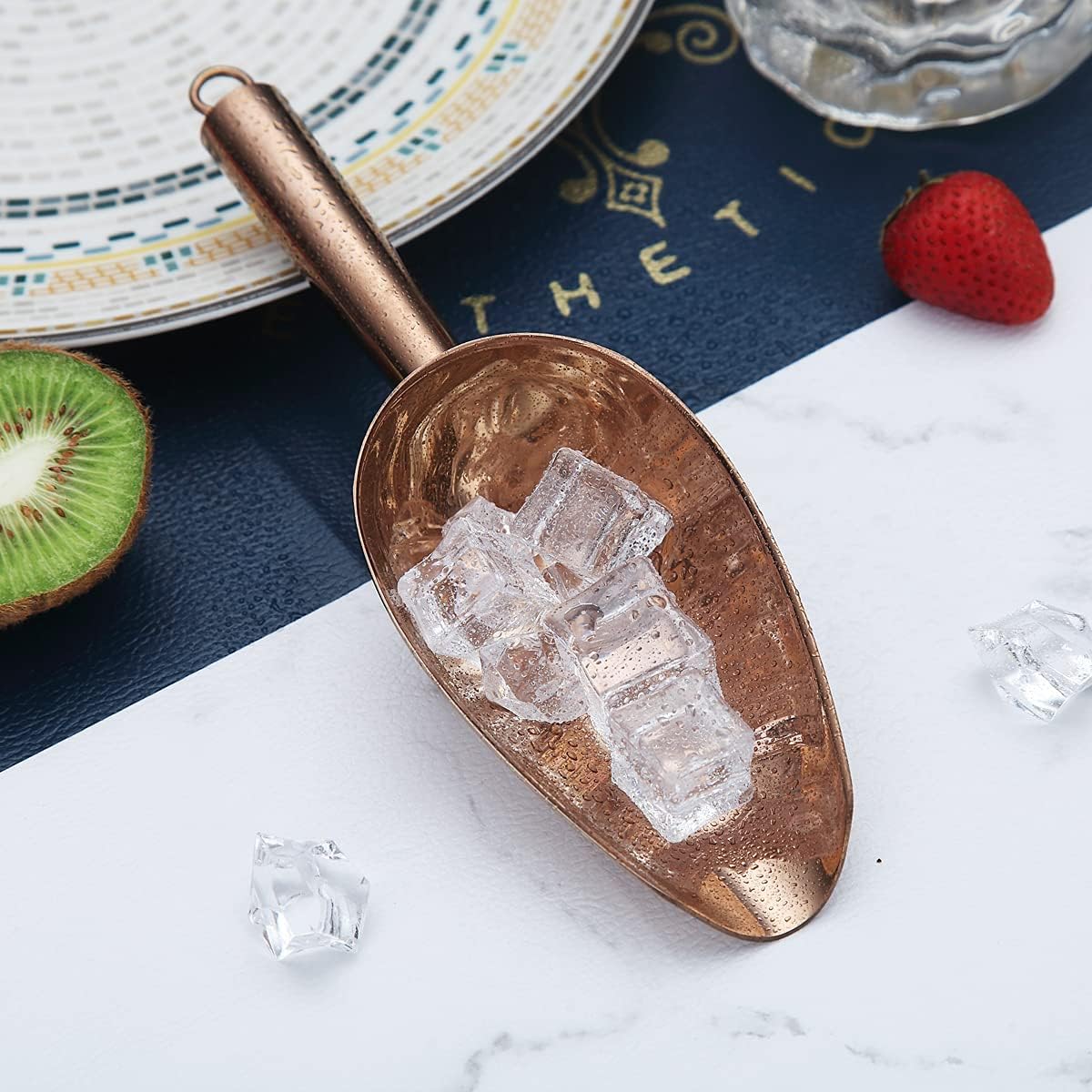 Berglander Cuchara de hielo de acero inoxidable oro rosa de 6 onzas, cuchara de hielo de metal chapado en cobre de titanio para máquina de hielo,