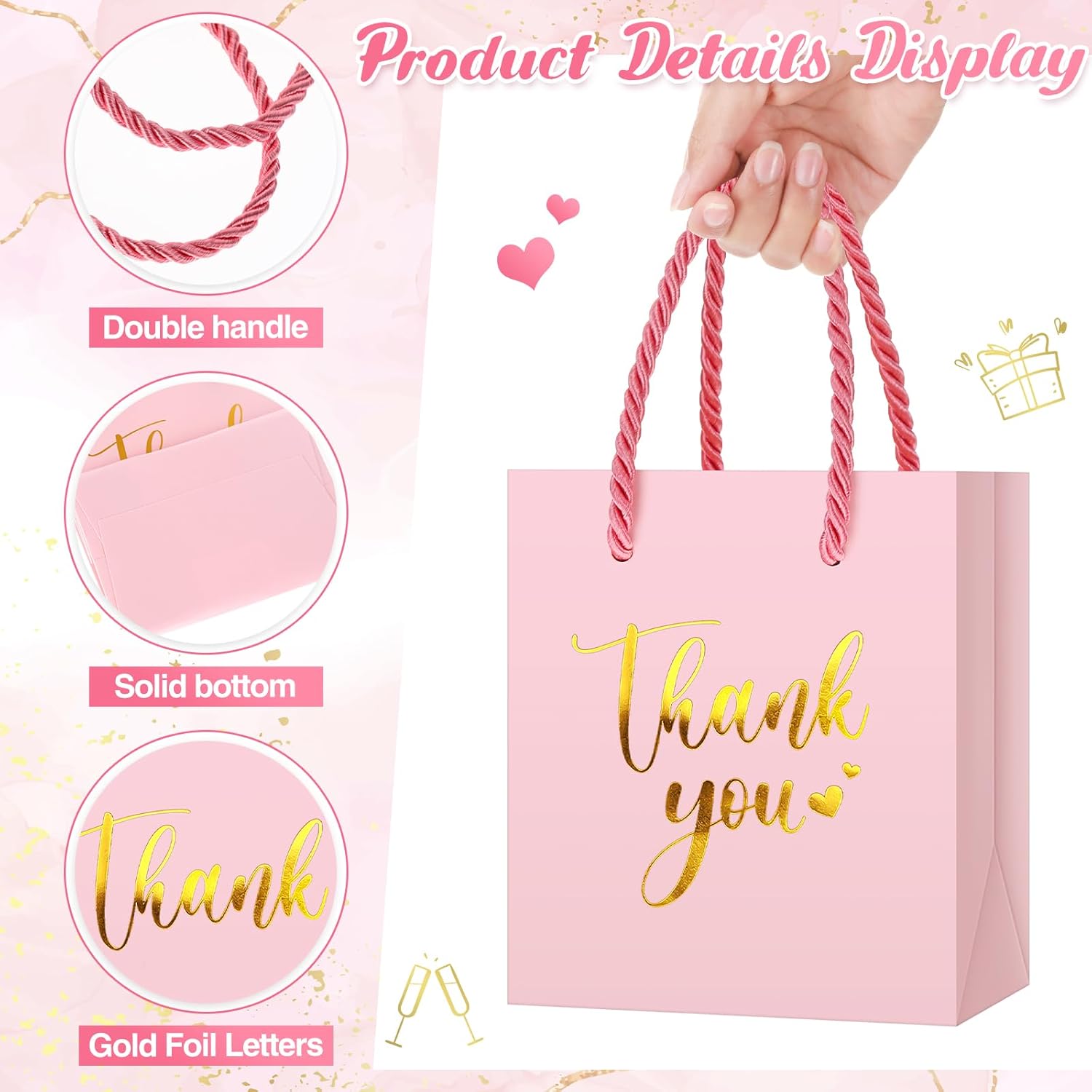 60 bolsas pequeñas de regalo de agradecimiento con asas de 4 x 2.75 x 4.5 pulgadas, papel de aluminio dorado para fiesta de agradecimiento de