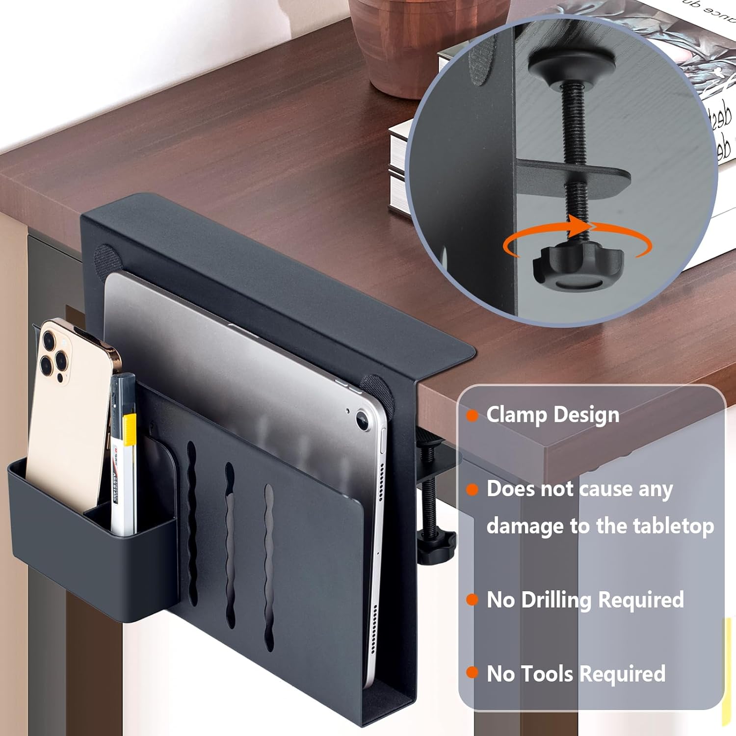 FEIKU Soporte de almacenamiento lateral para escritorio, soporte para laptop con soporte magnético para bolígrafos, bandeja de gestión de cables