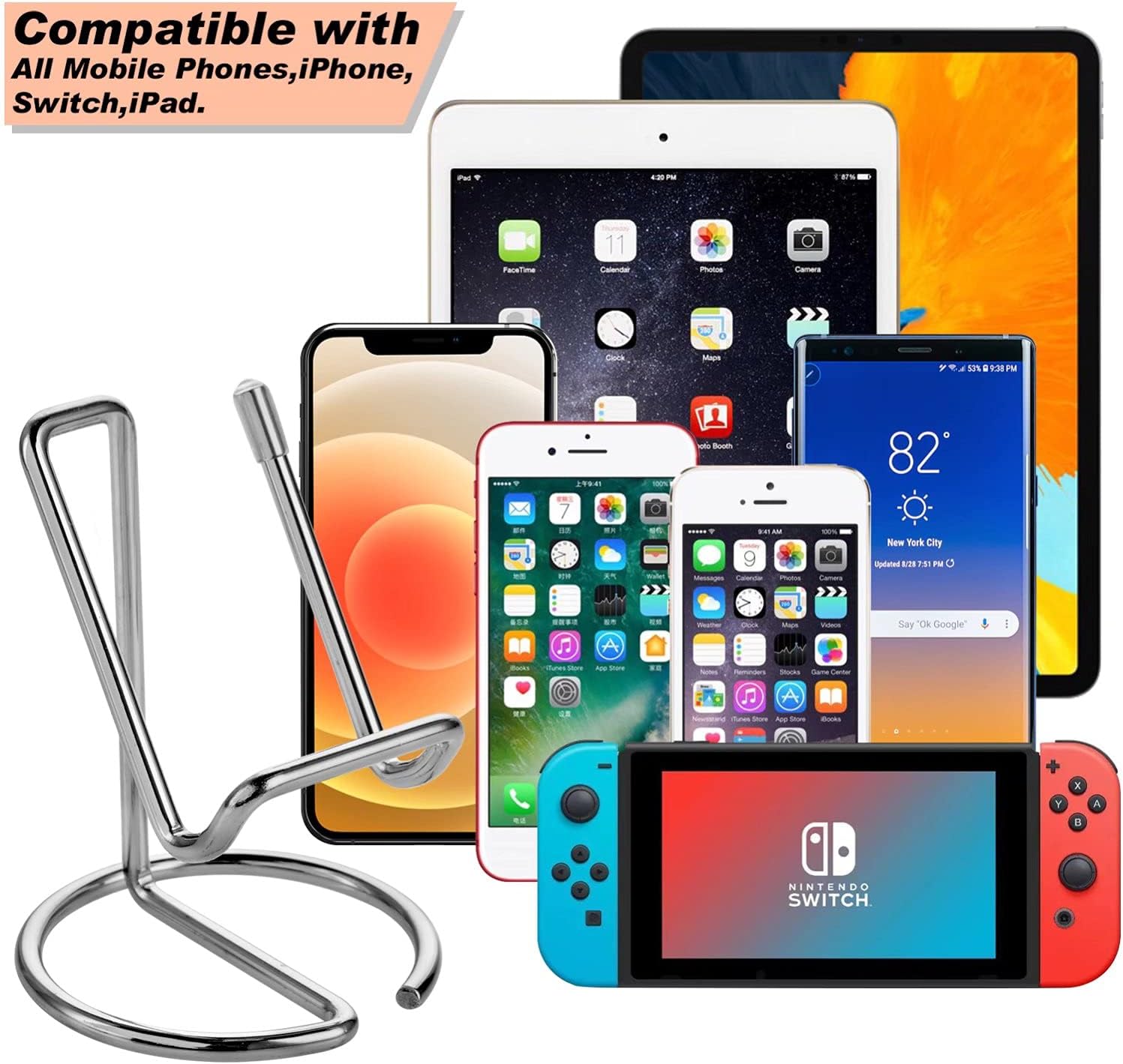 Paquete de 2 soportes para teléfono celular para escritorio, bonito soporte de metal plateado para teléfono celular, accesorios de escritorio,