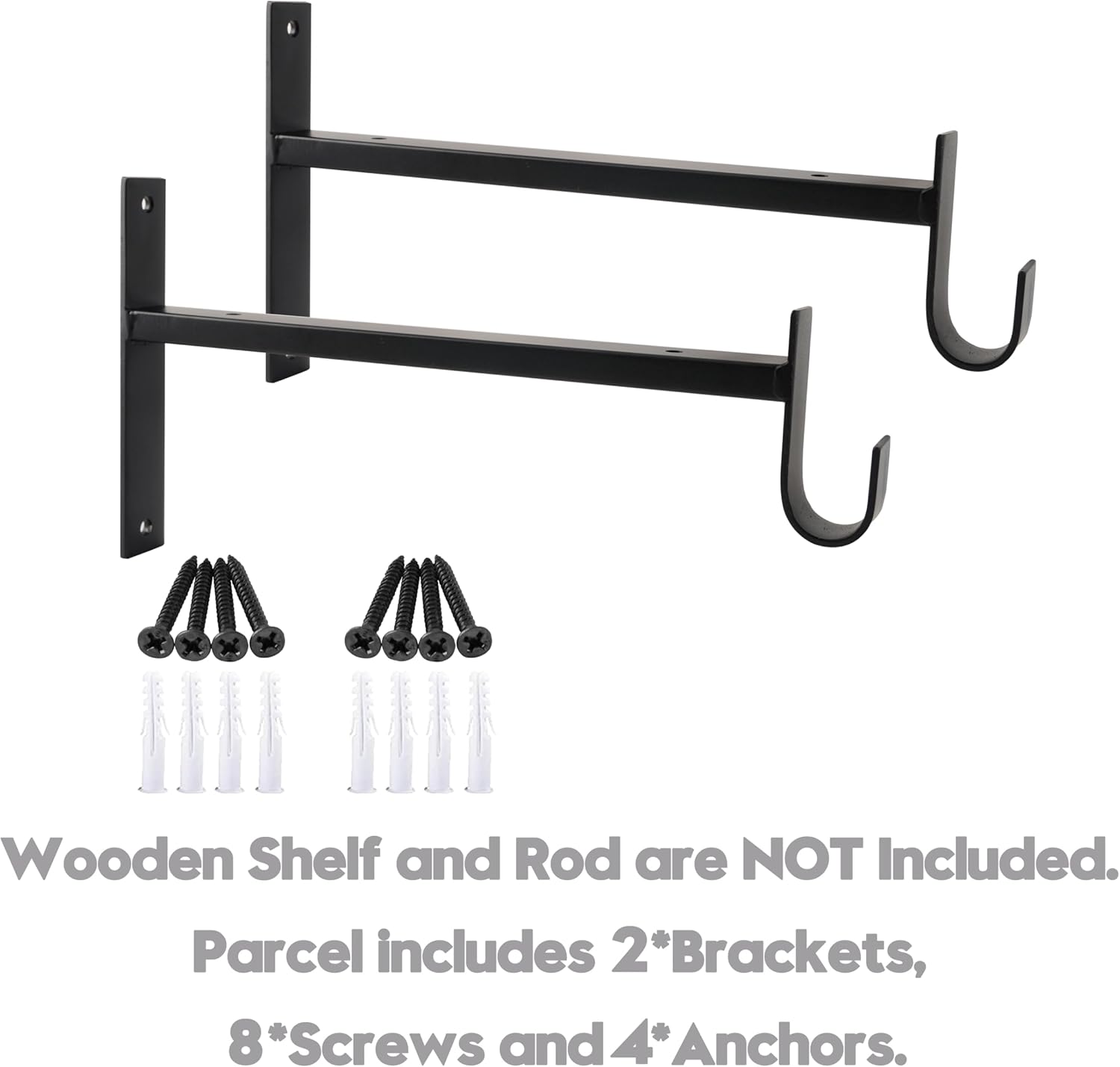 AddGrace Soportes de estante con gancho, soportes de estante negros de 6 pulgadas, 2 soportes de estante resistentes montados en la pared, soportes