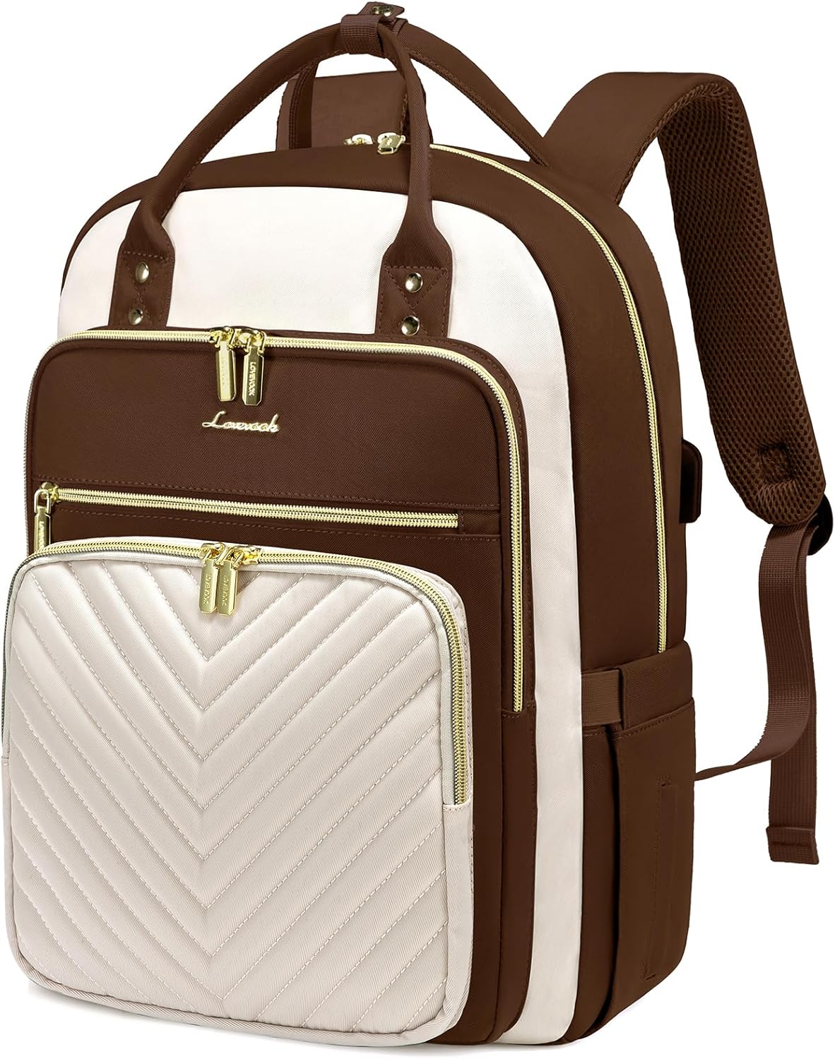 LOVEVOOK Mochila para laptop para mujer, mochila de trabajo de moda con puerto USB, mochilas impermeables para el trabajo., Marrón -beige, Moda