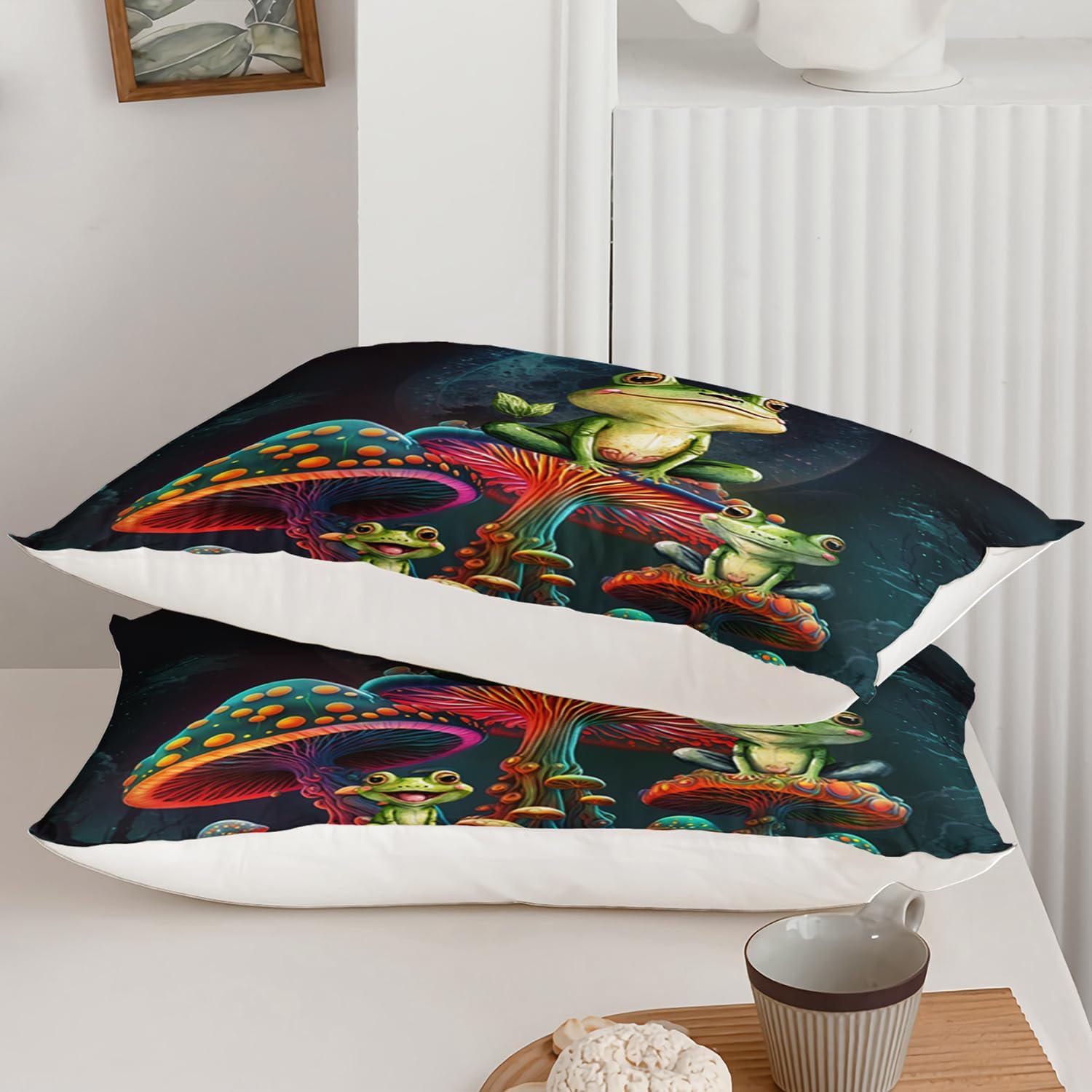 AILONEN Juego de funda de edredón de rana de dibujos animados, tamaño individual, juego de ropa de cama de hongos mágicos 3D, juego de funda de