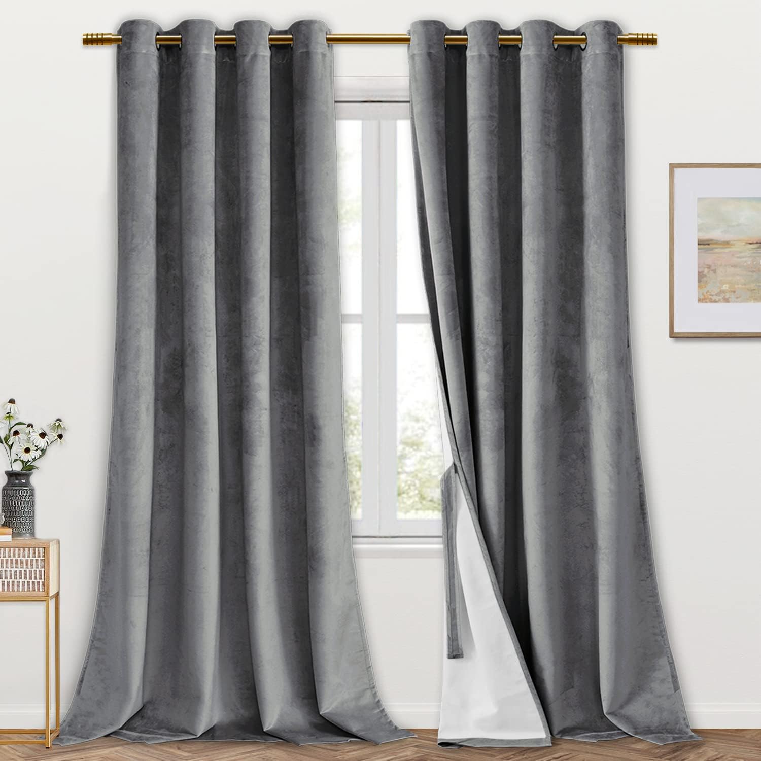 Hiasan Cortinas de terciopelo gris 100% opacas para dormitorio con alzapaños, doble capa de oscurecimiento de la habitación, aislamiento térmico y