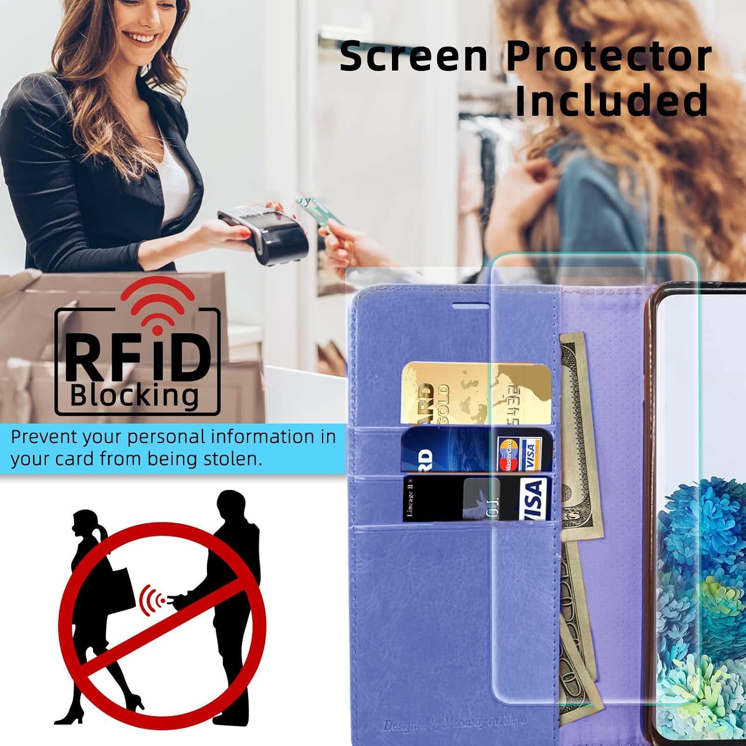 MONASAY Funda tipo cartera compatible con iPhone 13 5G de 6.1 pulgadas, protector de pantalla de cristal incluido, bloqueo RFID, funda de piel con