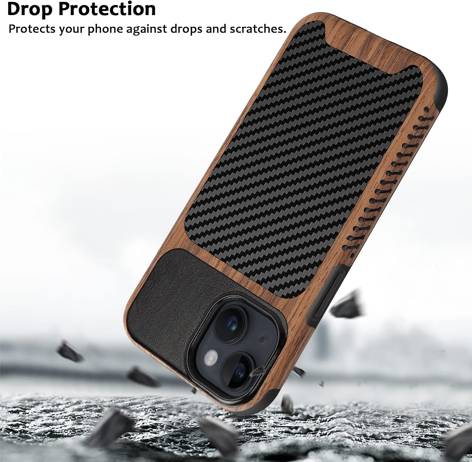 ZZDZZ Funda magnética compatible con iPhone 13 Mini compatible con MagSafe diseño de fibra de carbono de madera y cuero, funda híbrida a prueba de