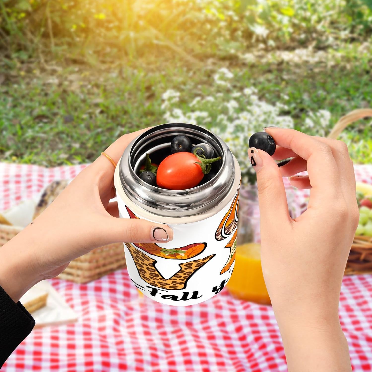 Love Fall Y’all Design Thermos Food Jar for Hot and Cold, Crastive Autumn Season Insulated Hot Food Jars Vacuum 17OZ with Folding Spoon for School