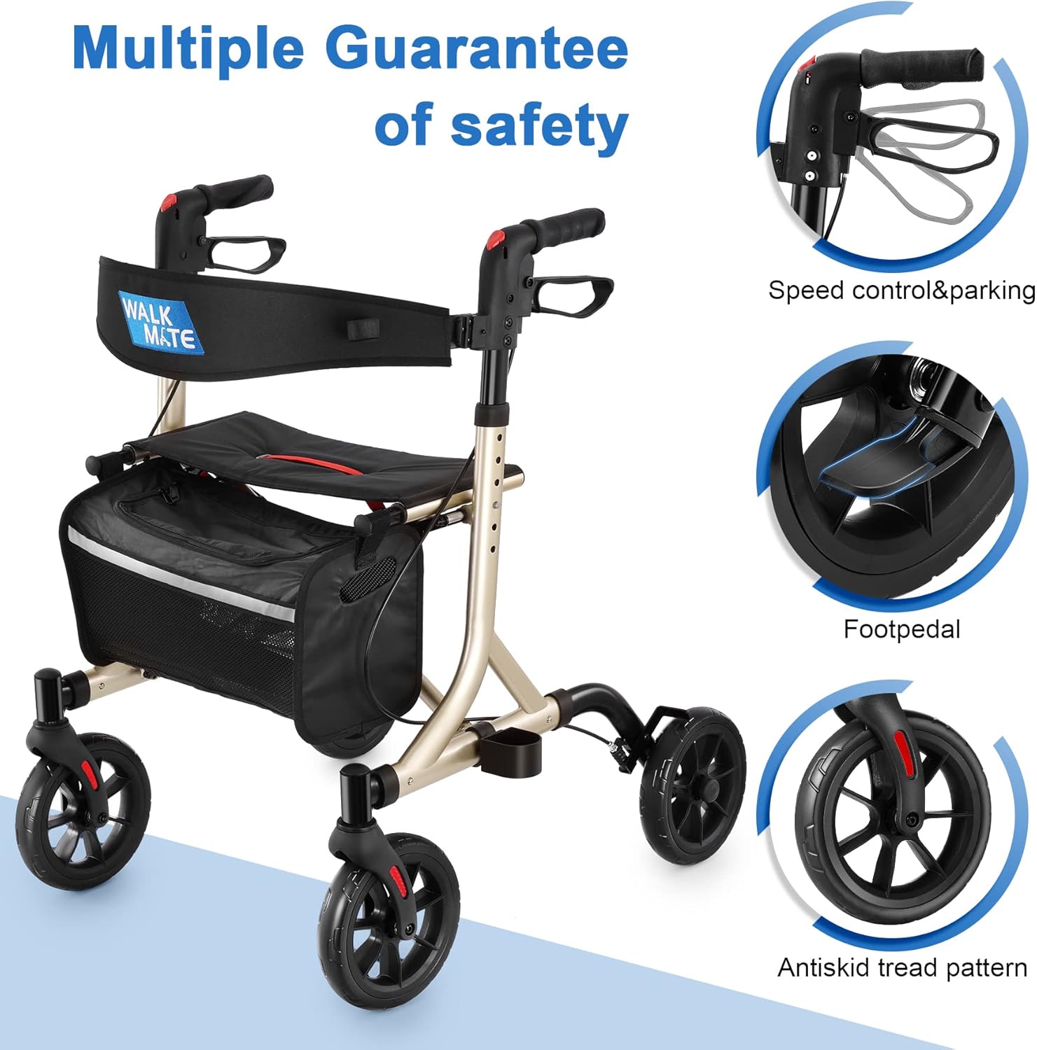 WALK MATE Andador con ruedas para personas mayores con soporte para tazas, botón de presión de pulgar mejorado para ajuste de altura, ruedas de 4 x