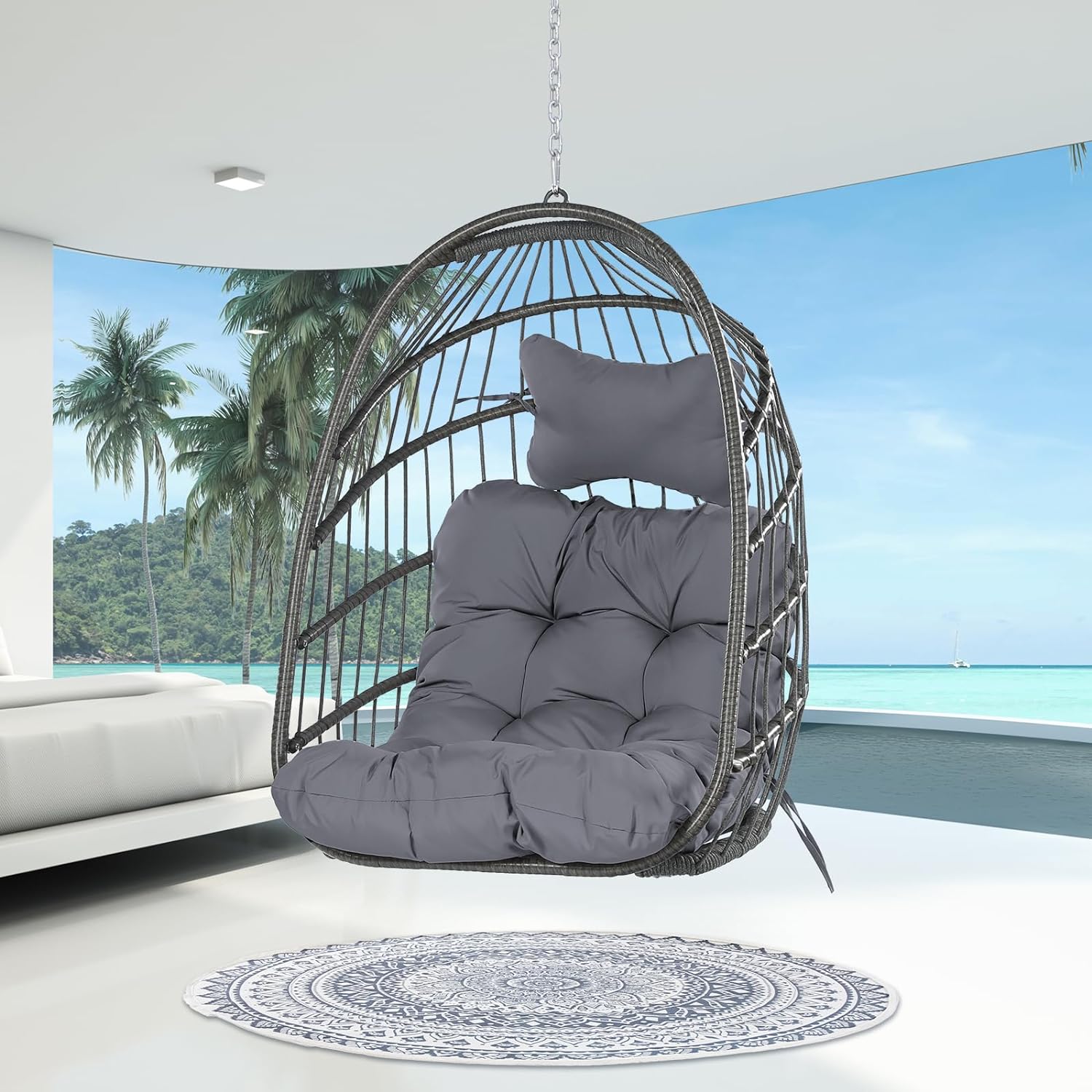 NICESOUL Silla colgante de mimbre para patio interior y exterior, hamaca con cesta de huevos, cojines resistentes a los rayos UV, capacidad de 265