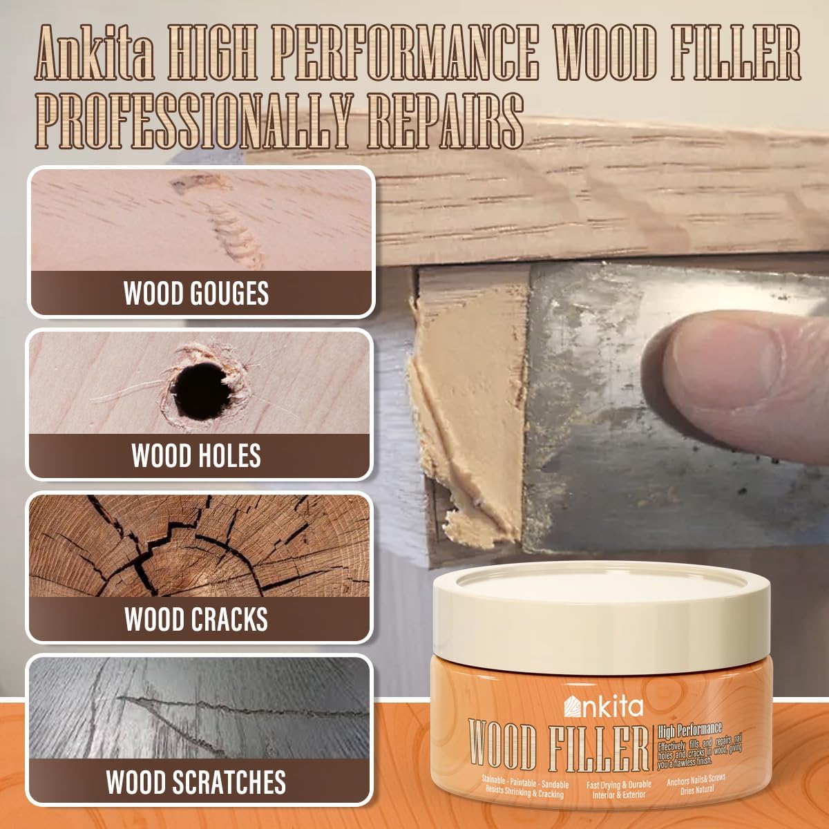 Relleno de madera multiusos, kit de reparación de madera (natural), masilla de relleno de madera de secado rápido, repara rápidamente agujeros,