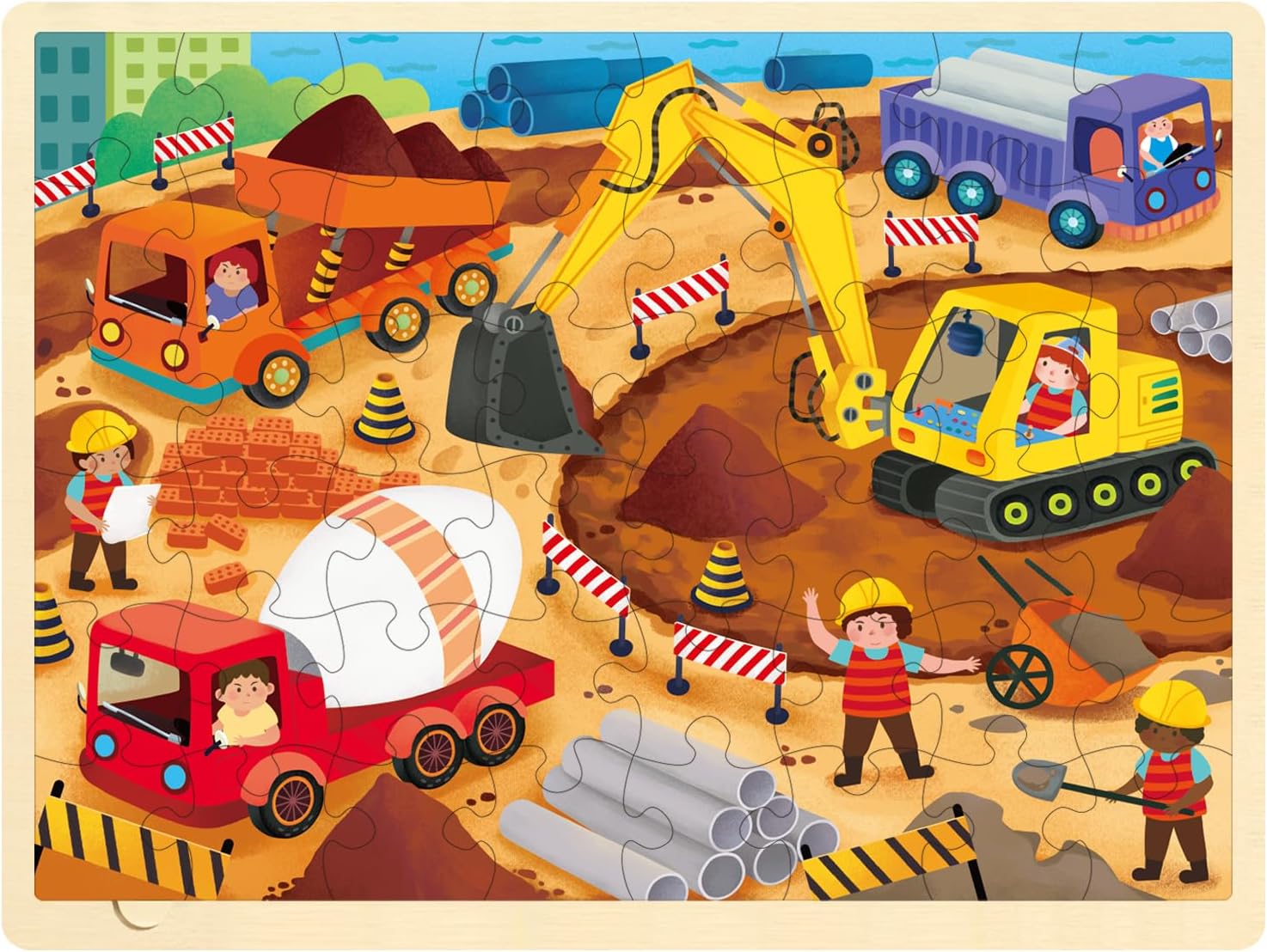 Rompecabezas de 48 piezas para niños de 4 a 8 años, cada pieza es única, rompecabezas de madera para sitios de construcción para niños y niñas de 3,
