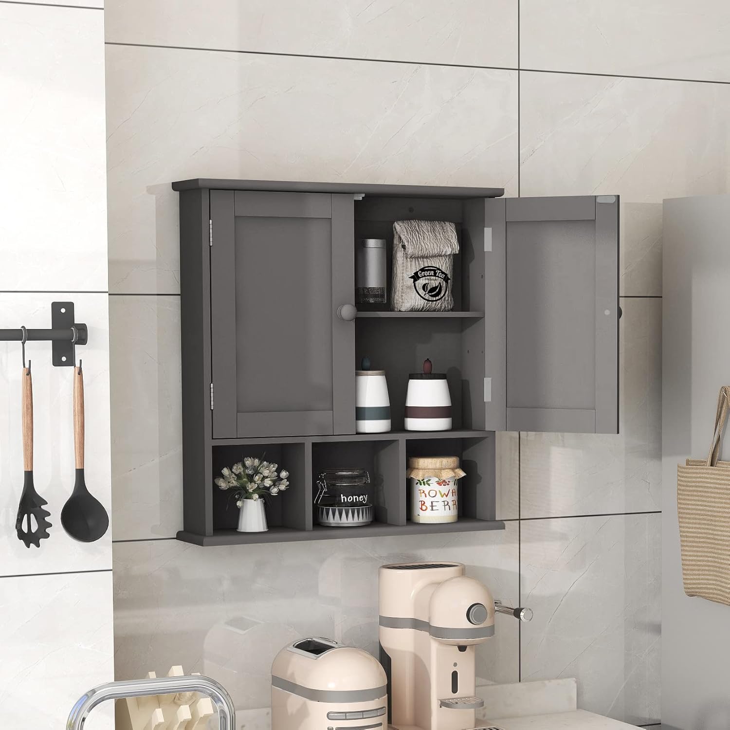 TaoHFE Armario de baño gris, gabinete de pared de baño con estantes ajustables de 2 puertas, armario de almacenamiento sobre el inodoro, armario de
