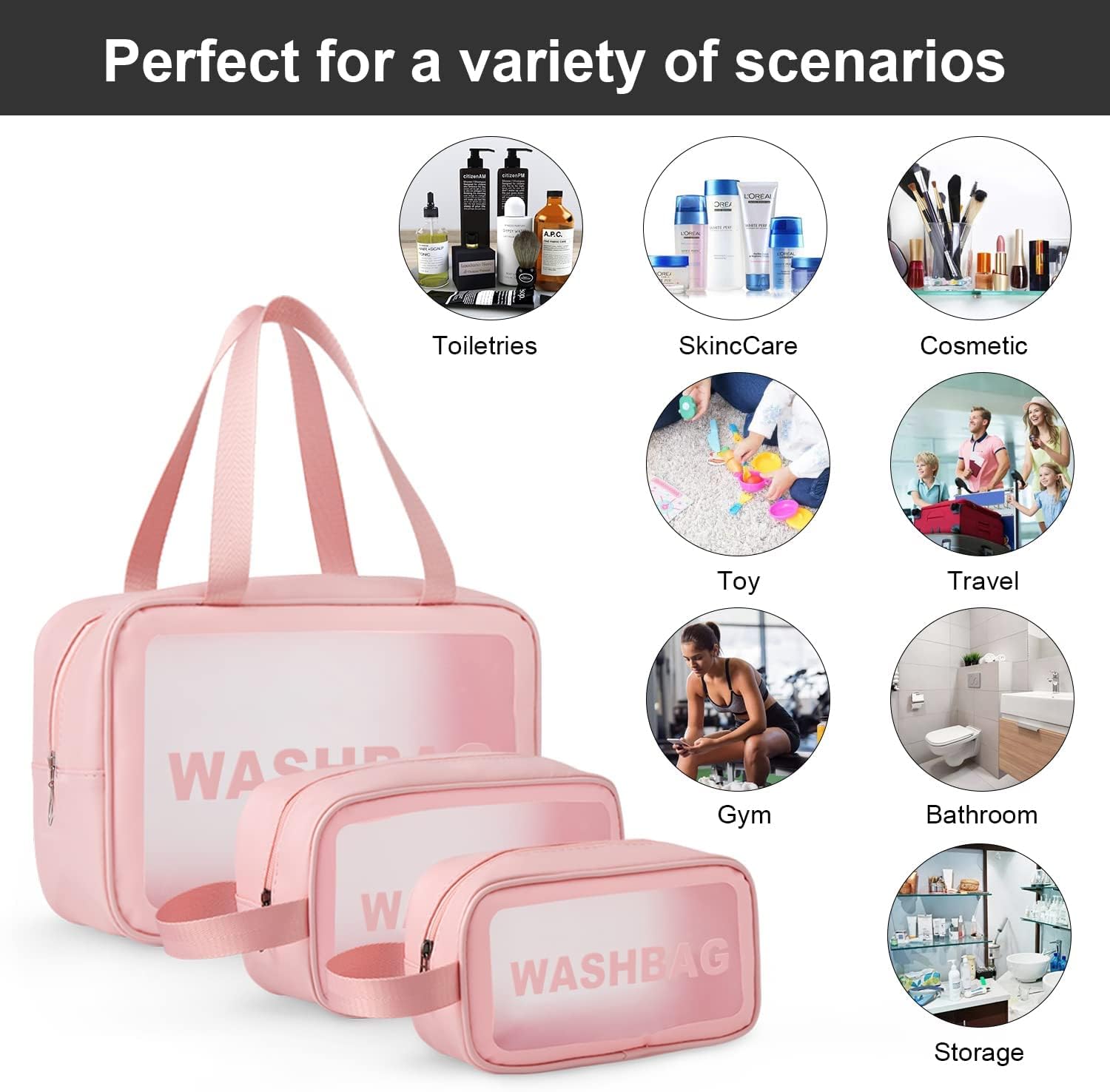 LULU Deer Juego de bolsas de maquillaje y lavado de viaje translúcidas para mujer, impermeables, de tres tamaños, gran capacidad con asa, a prueba