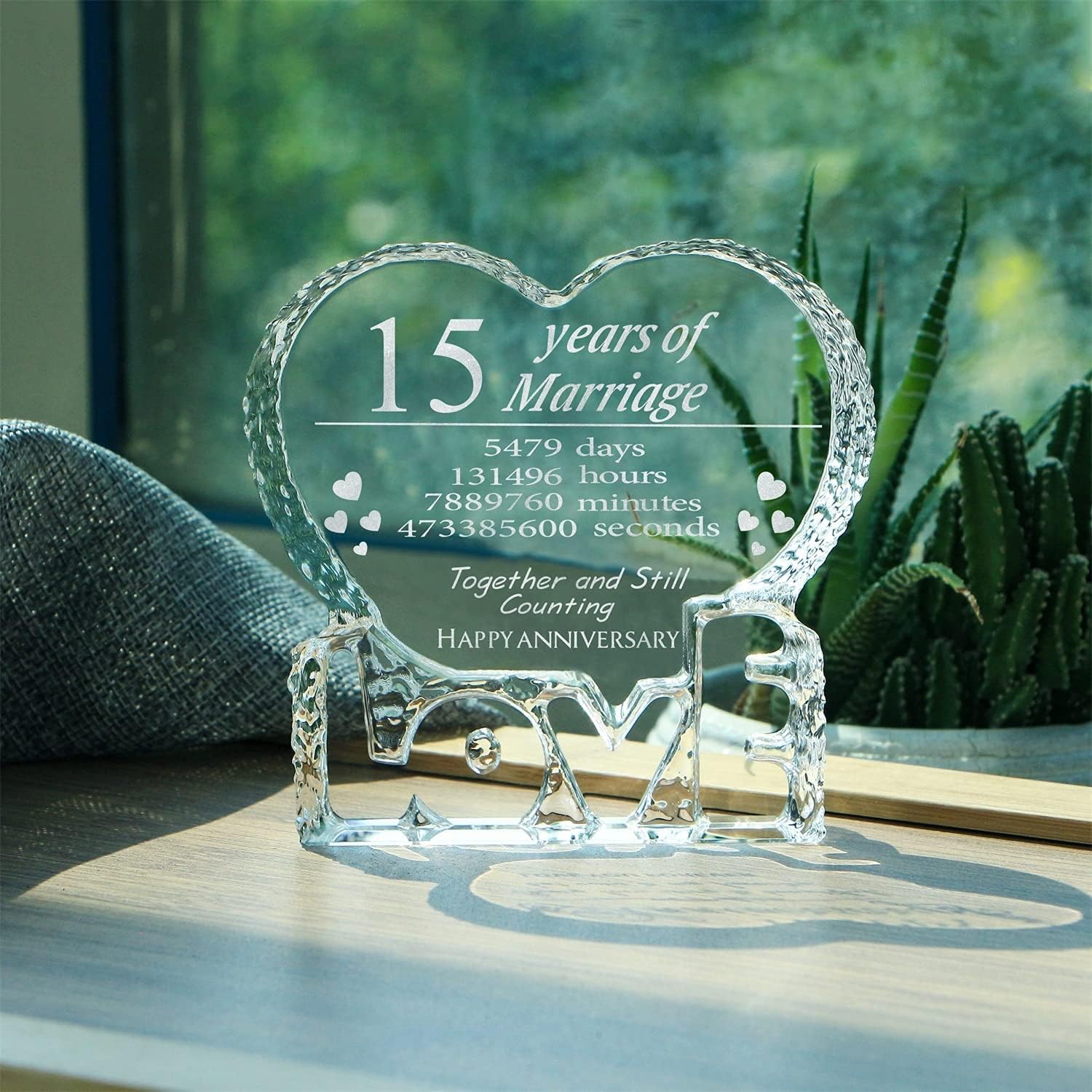 KWOOD Cristal grabado personalizado en forma de corazón, regalo de boda de 15 aniversario para parejas, esposa, novia, marido, novio (15 aniversario)