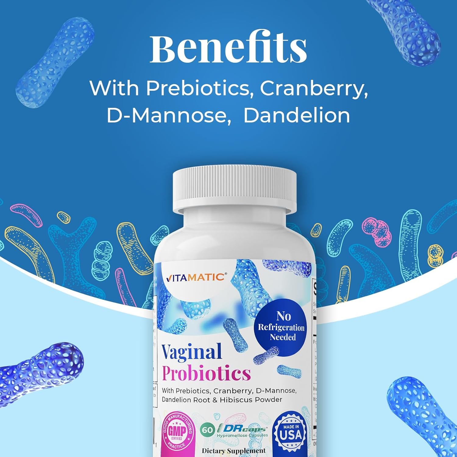 Vitamatic Probióticos vaginales 20 mil millones para mujeres, equilibrio de pH y control de olores con prebióticos y probióticos, 60 cápsulas DR,