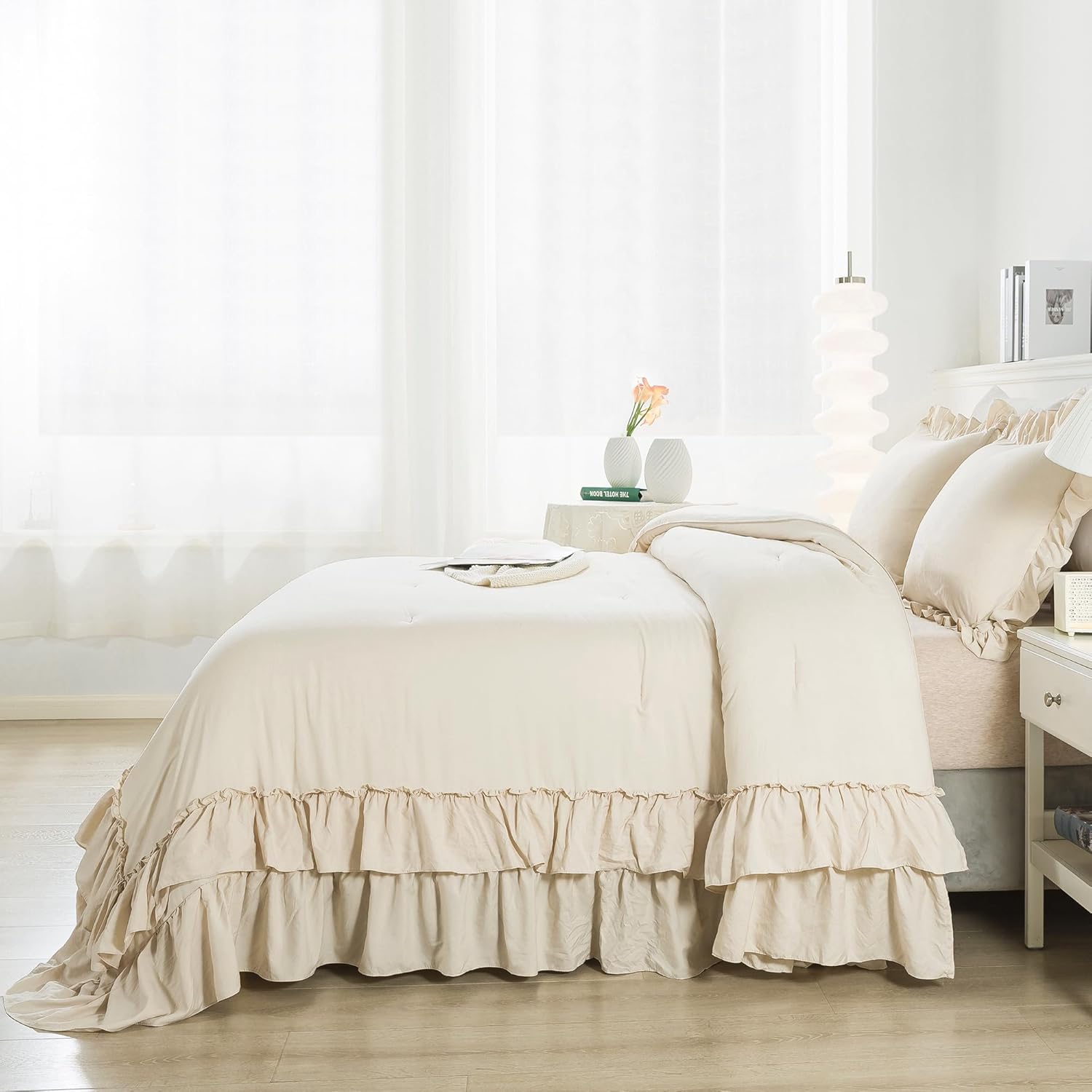 Andency Juego de edredón beige tamaño Queen, juego de edredón suave y ligero con volantes lisos, 3 piezas, para todas las estaciones, estilo rural,