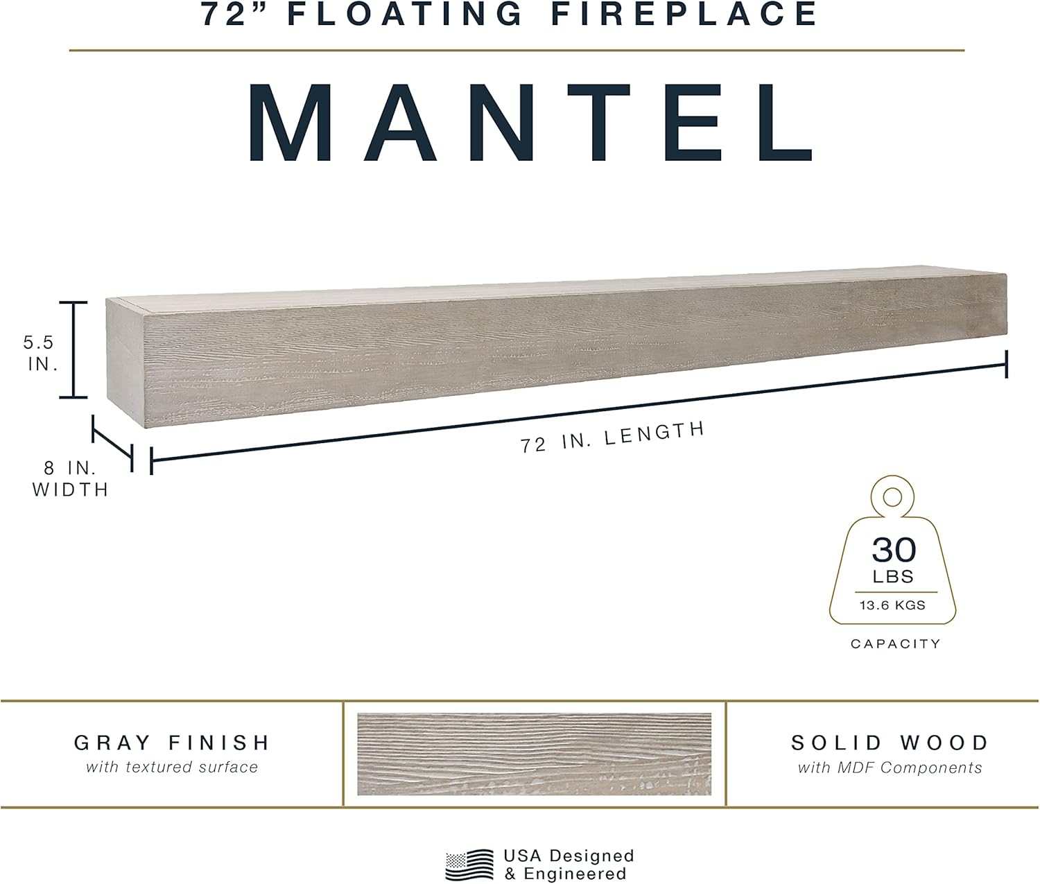 Master & Co. – Mantel flotante rústico para chimenea, estante flotante largo para decoración de pared, 72 pulgadas, gris cálido