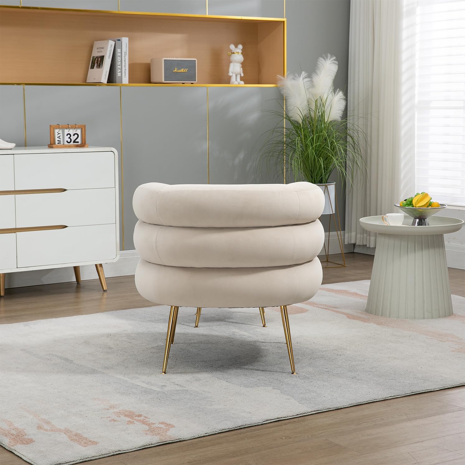 Silla decorativa de terciopelo con otomana, cómoda silla de barril tapizada, moderno sillón copetudo con respaldo único y patas de metal dorado para