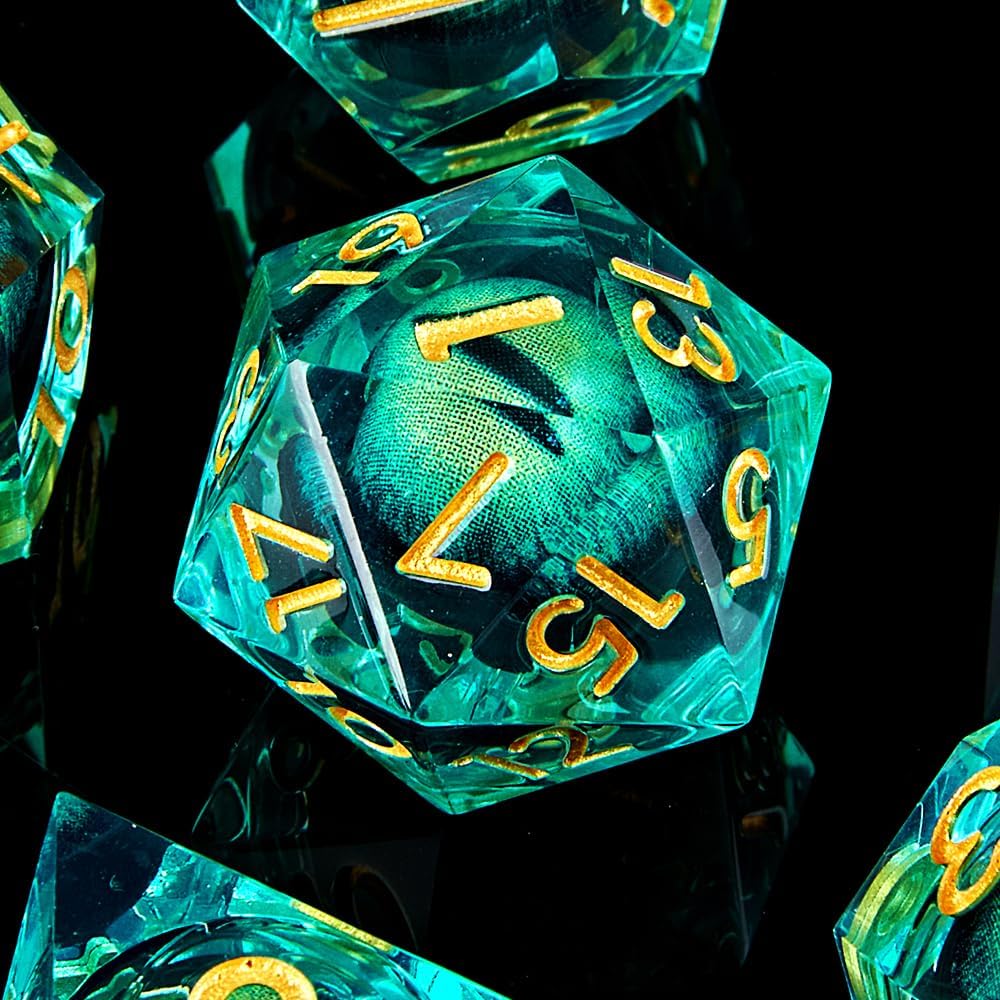 Dragon Eye – Juego de 7 dados para DND, núcleo líquido, juego de dados D&D para juegos TRPG de Calabozos y Dragones, dados giratorios de ojo de