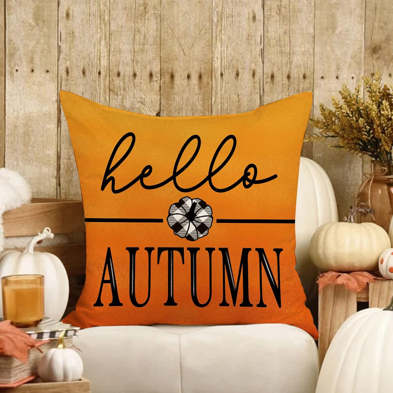 Juego de 4 fundas de almohada decorativas de otoño con diseño de hojas de arce y calabaza de 20 x 20 pulgadas, diseño de gnomo con diseño de rayas