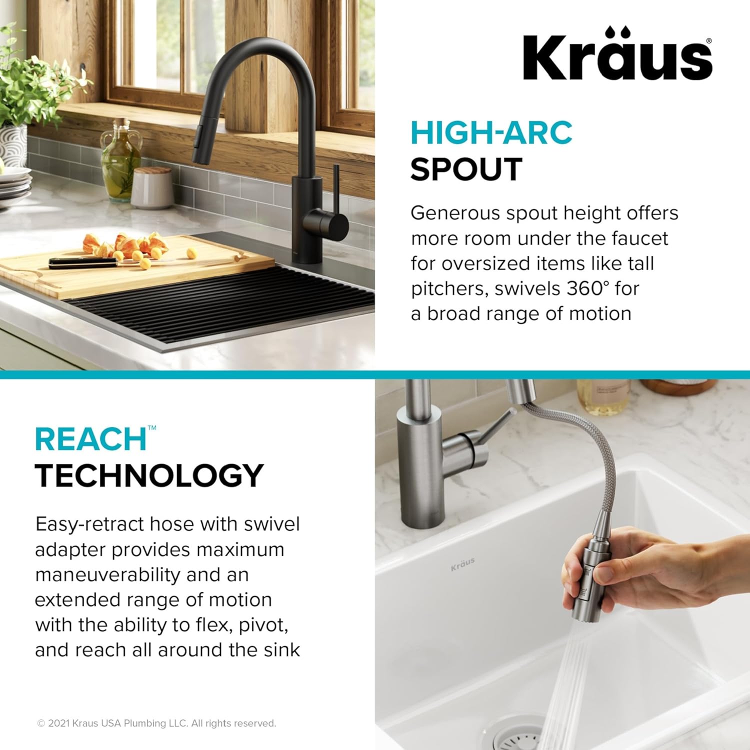 KRAUS Oletto – Grifo de cocina monomando extraíble con instalación de montaje superior QuickDock, en negro mate, KPF-2620MB