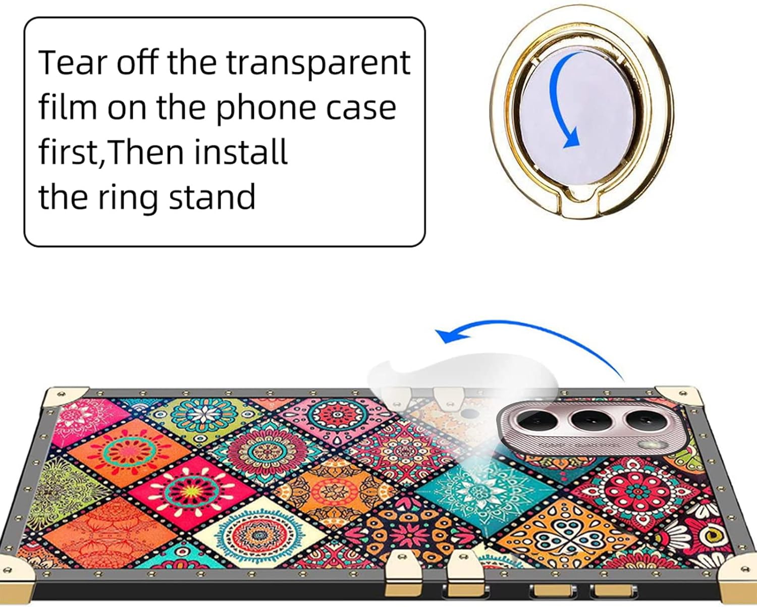 nancheng Funda cuadrada para Motorola Moto G Stylus 4G 2022 con anillo para niñas y mujeres, con correa de soporte, diseño de flores de mandala,