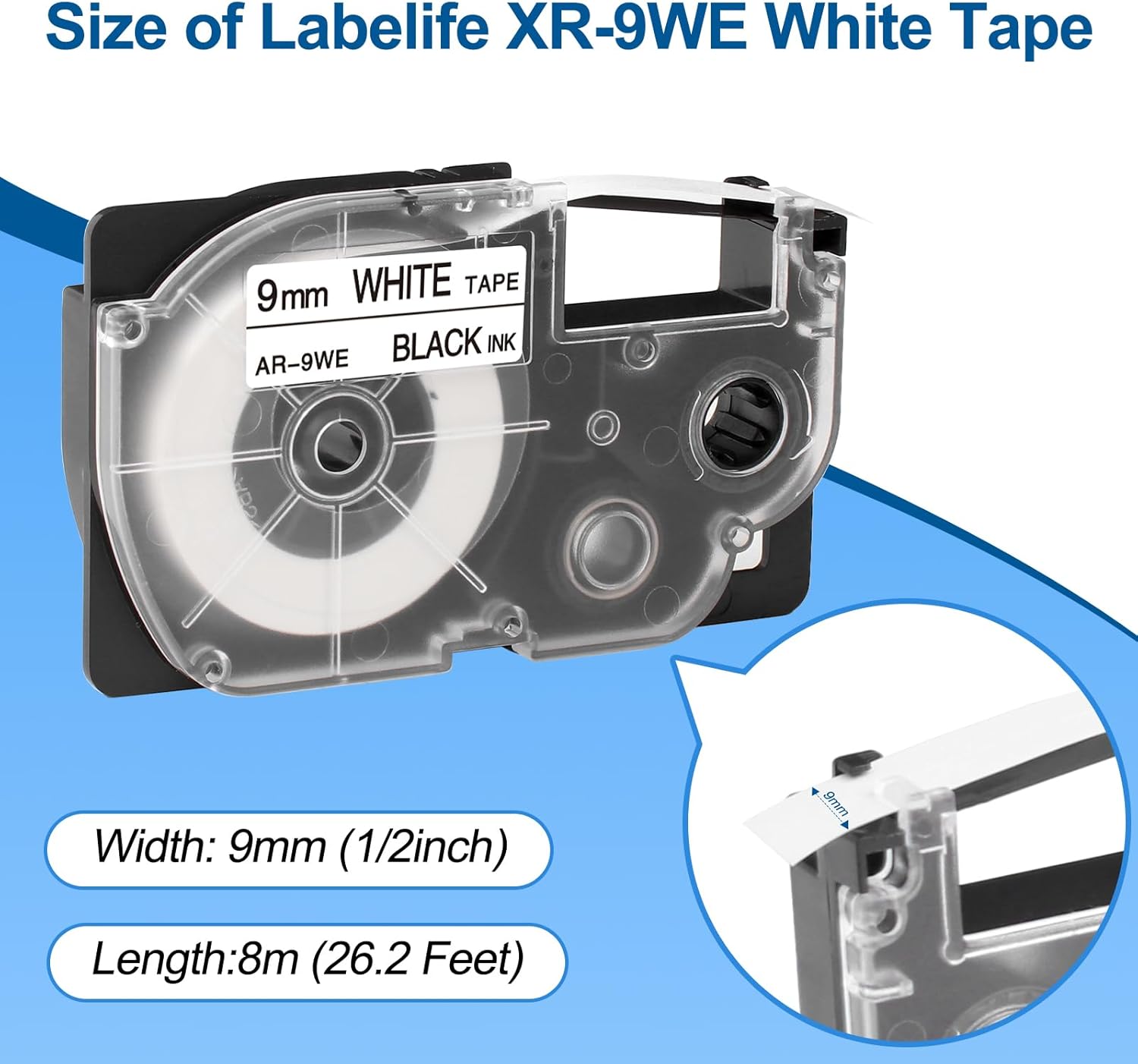 XR-9WE Reemplazo para Casio Label It Tape 0.354 in 38” XR-9WE XR9WE XR-9WE2S Cinta negra sobre blanca Cassette Comaptible Casio EZ impresora de